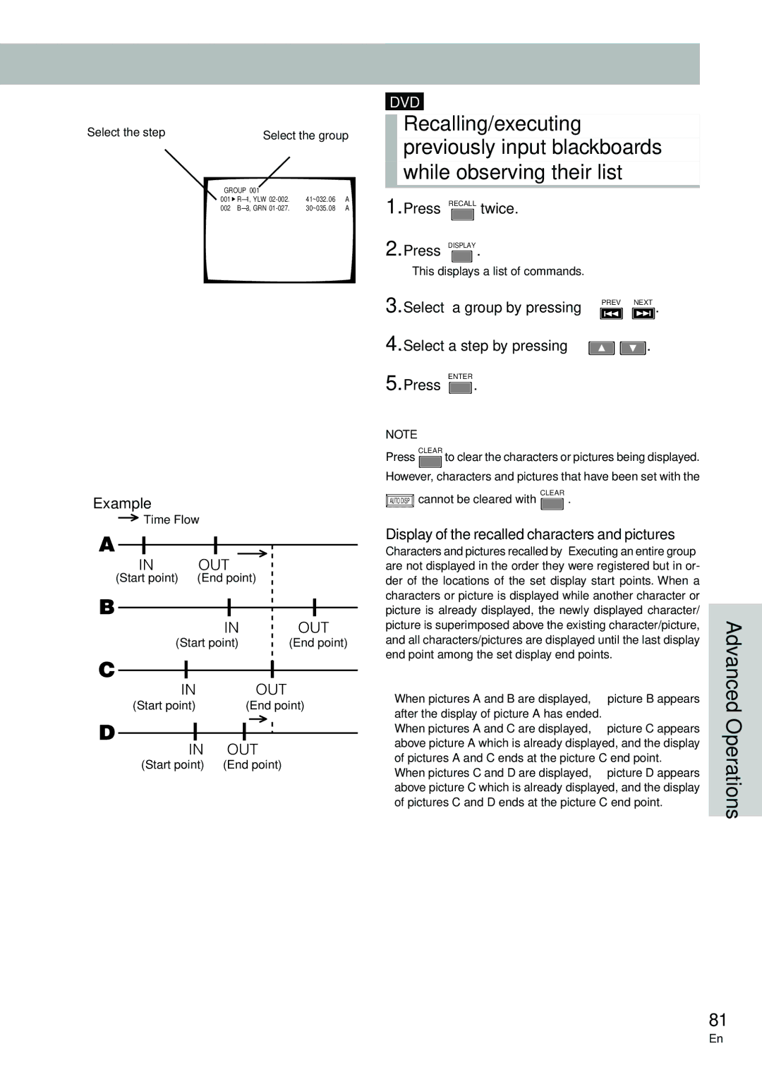 Pioneer DVD-V7300D manual Recalling/executing, Previously input blackboards while observing their list 