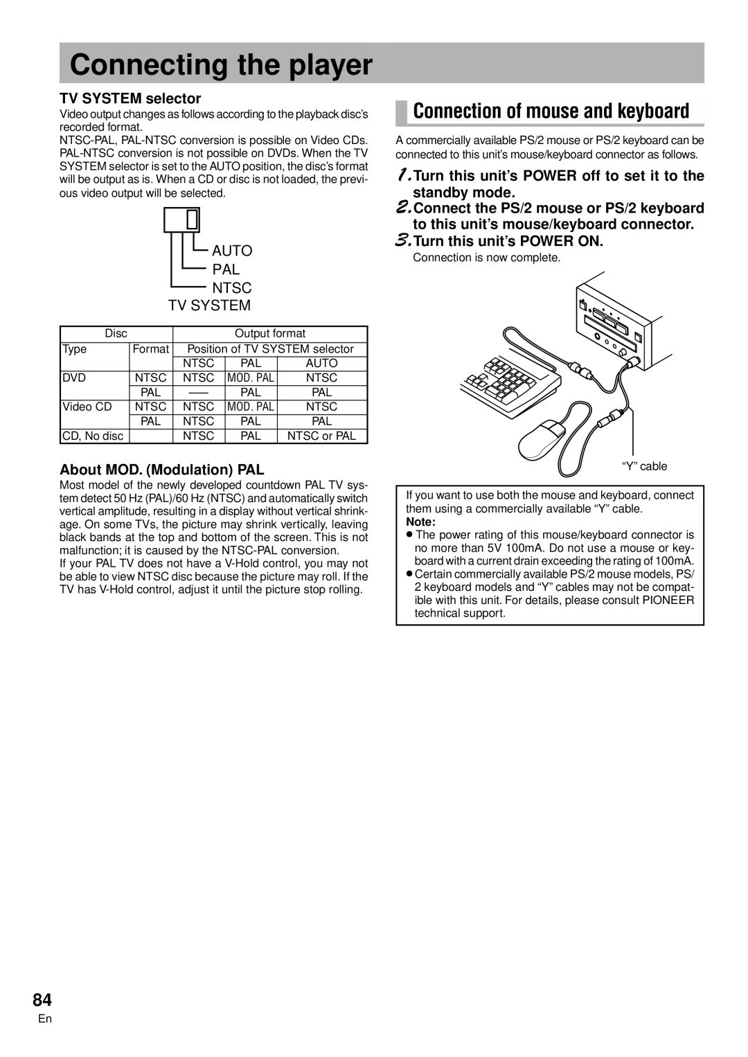 Pioneer DVD-V7300D manual TV System selector, About MOD. Modulation PAL 