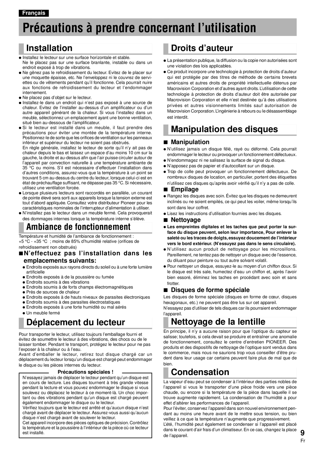 Pioneer DVD-V7300D manual Précautions à prendre concernant l’utilisation 