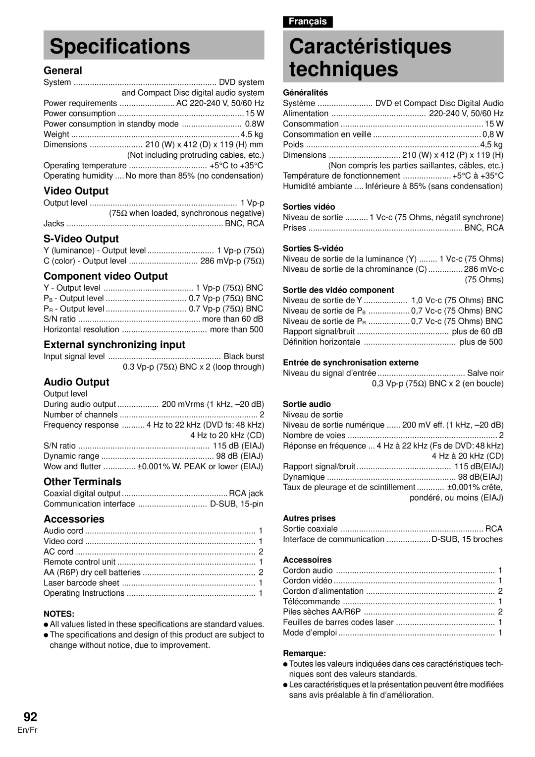 Pioneer DVD-V7300D manual Specifications, Caractéristiques Techniques 