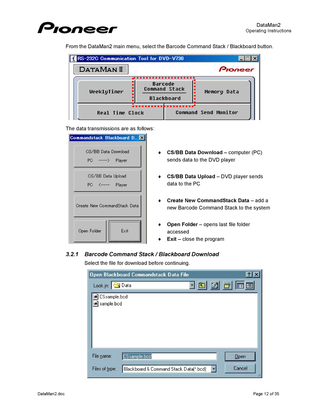 Pioneer DVD-V7400 manual Barcode Command Stack / Blackboard Download 