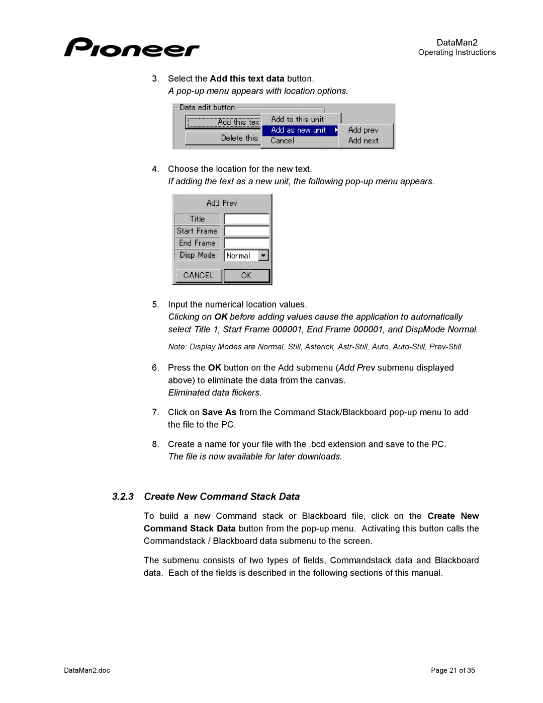 Pioneer DVD-V7400 manual Create New Command Stack Data 