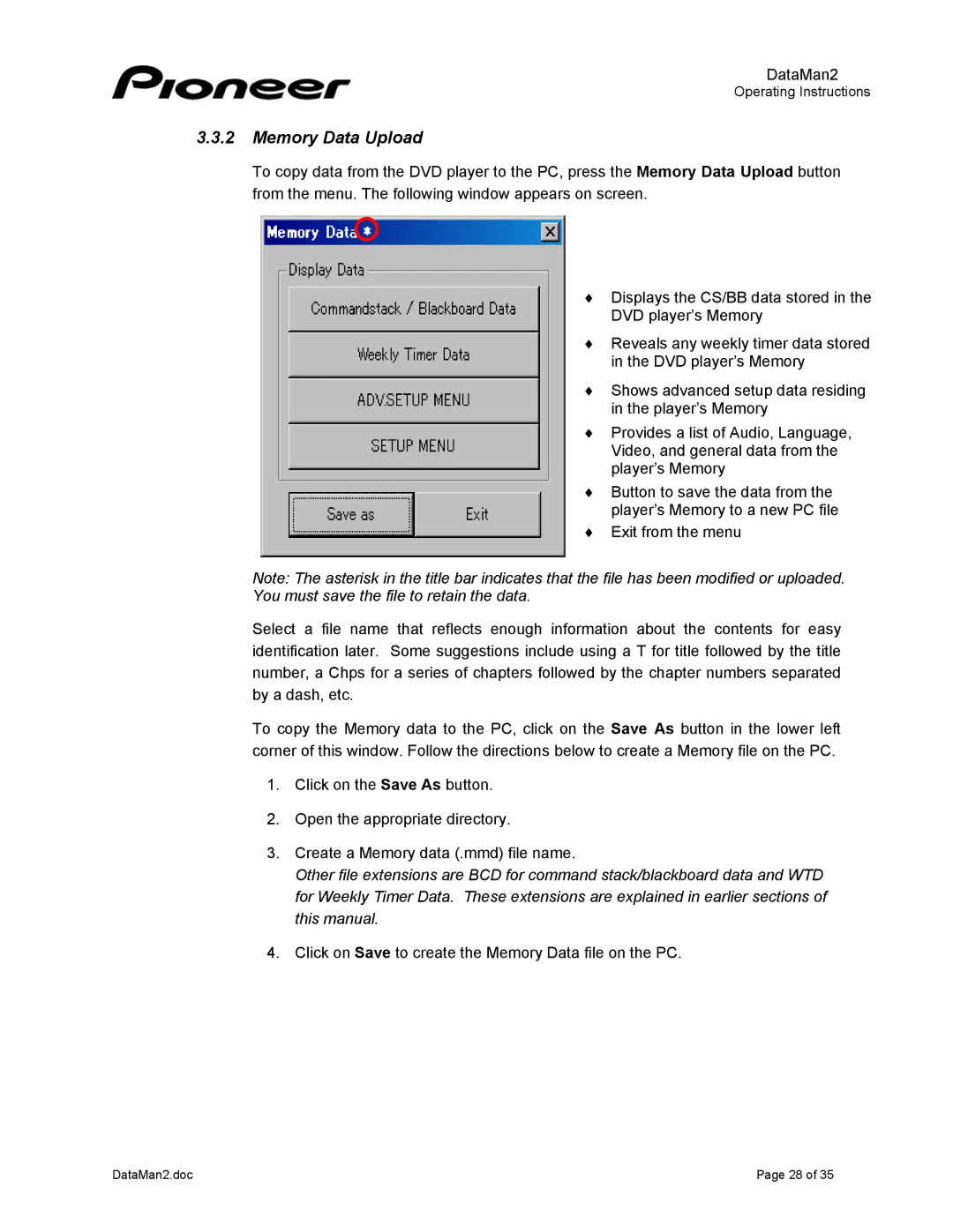 Pioneer DVD-V7400 manual Click on Save to create the Memory Data file on the PC 