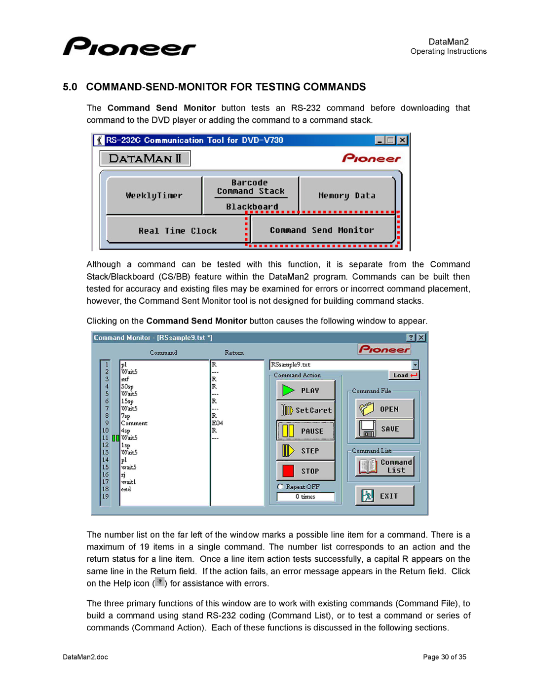 Pioneer DVD-V7400 manual COMMAND-SEND-MONITOR for Testing Commands 