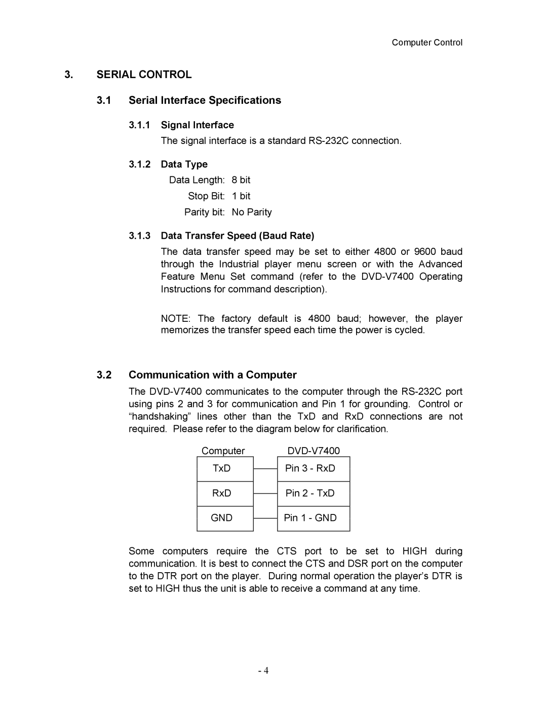 Pioneer DVD-V7400 manual Serial Control, Serial Interface Specifications, Communication with a Computer 
