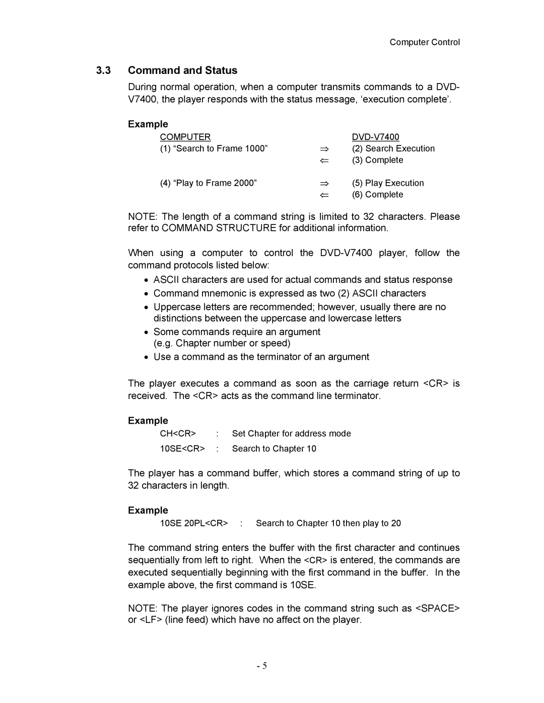 Pioneer DVD-V7400 manual Command and Status, Example 