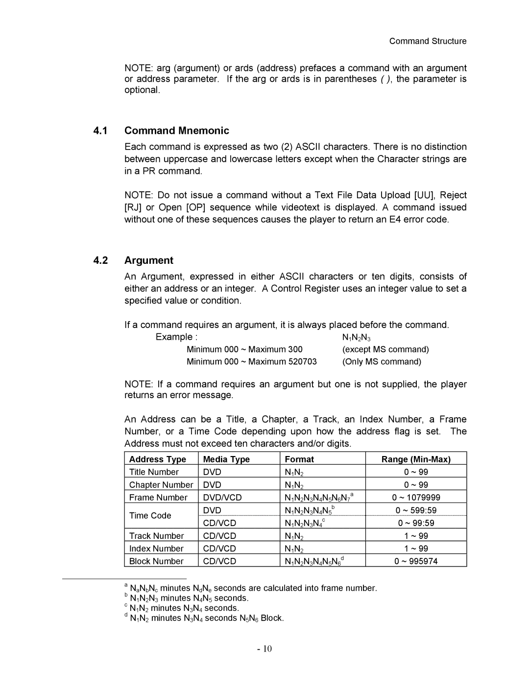 Pioneer DVD-V7400 manual Command Mnemonic, Argument 