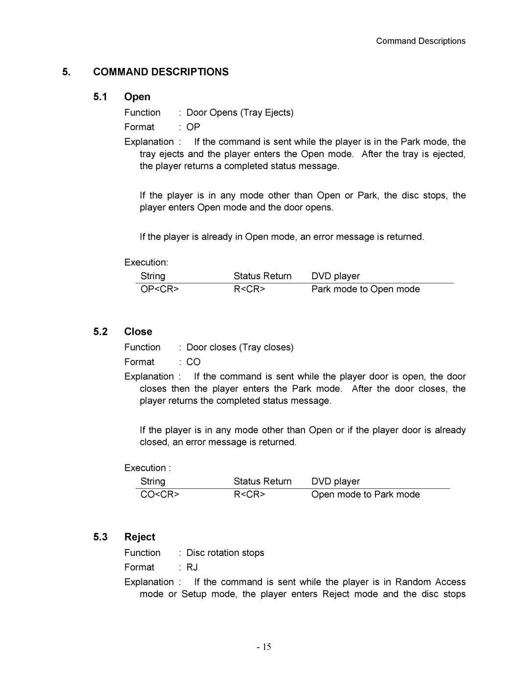 Pioneer DVD-V7400 manual Command Descriptions, Open, Close, Reject 
