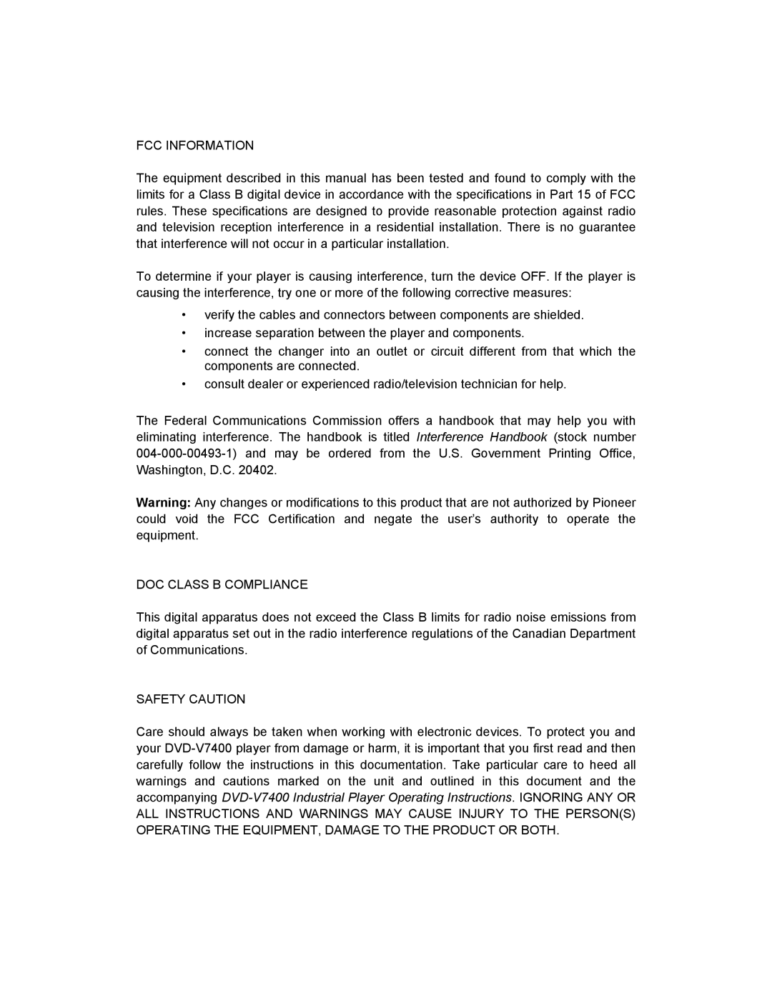 Pioneer DVD-V7400 manual FCC Information 