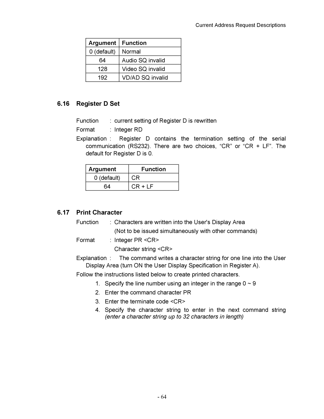 Pioneer DVD-V7400 manual Register D Set, Print Character, Argument Function Default 