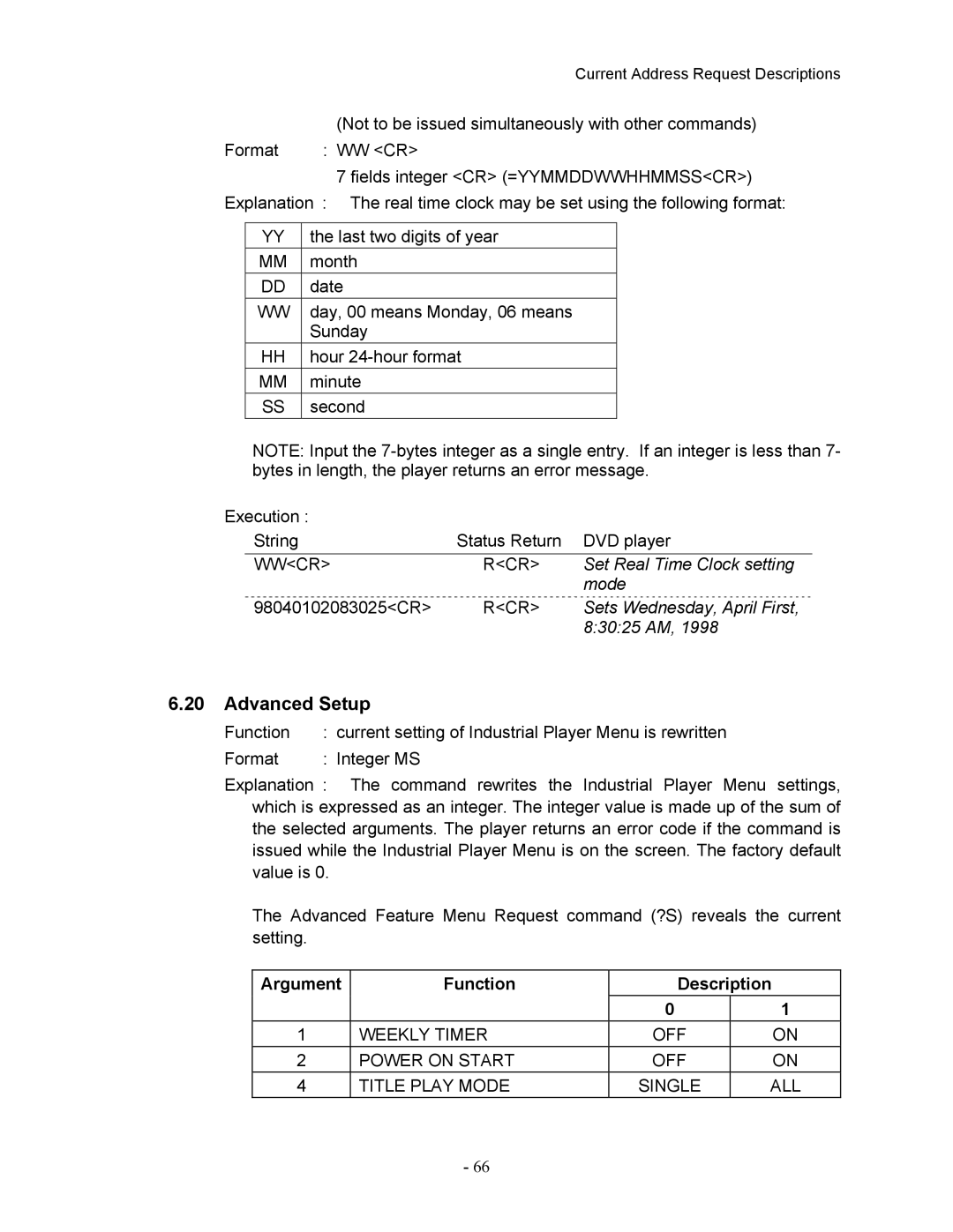 Pioneer DVD-V7400 manual Advanced Setup, Argument Function Description 