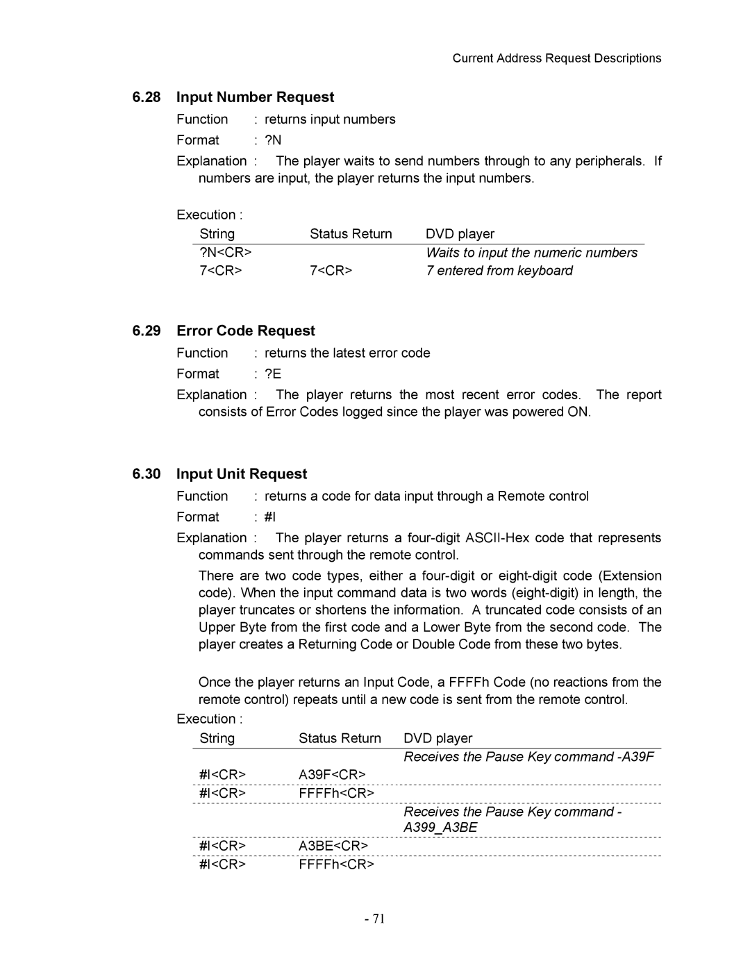 Pioneer DVD-V7400 manual Input Number Request, Error Code Request, Input Unit Request 