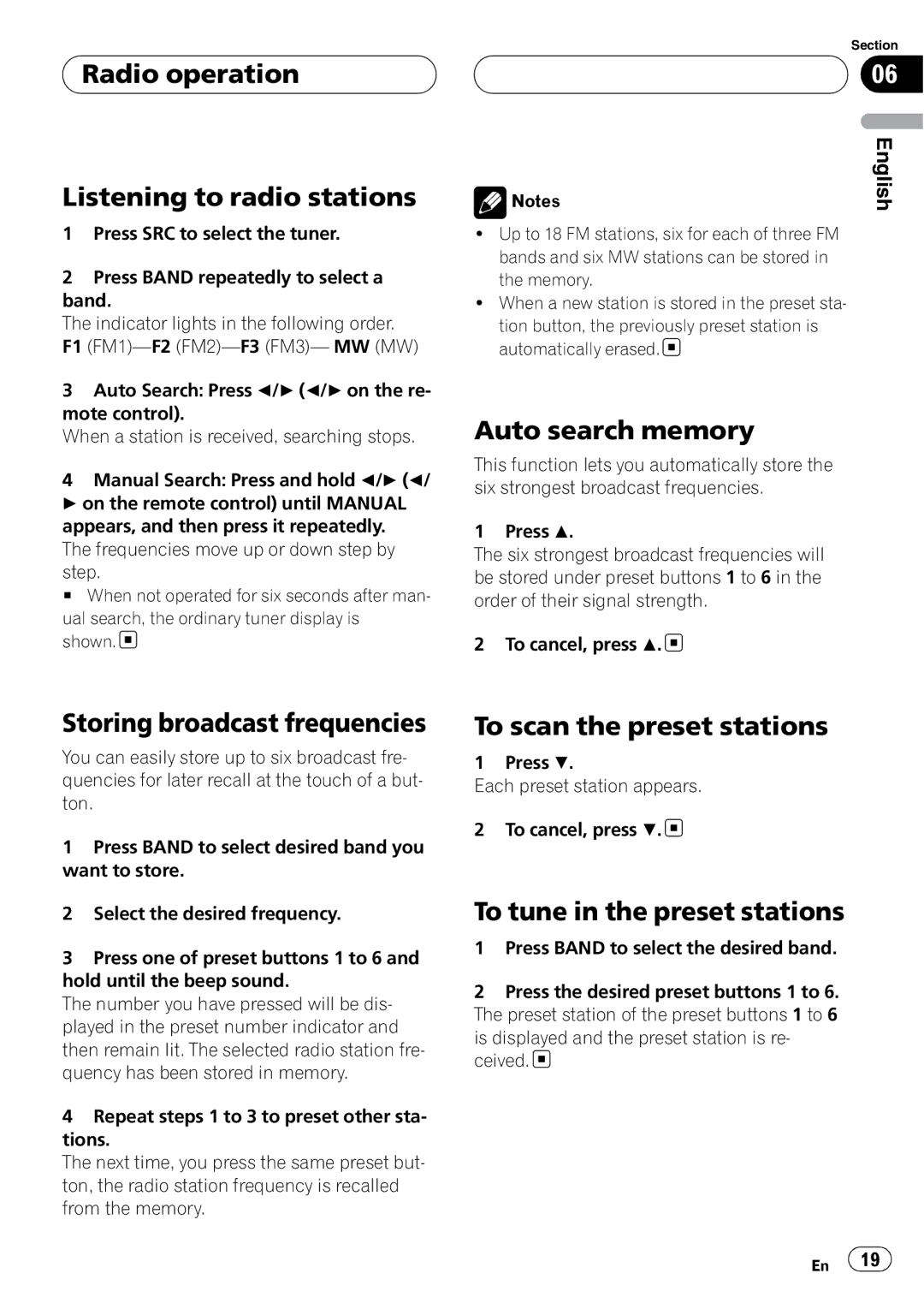 Pioneer DVH-390MP manual Radio operation Listening to radio stations, Auto search memory, Storing broadcast frequencies 