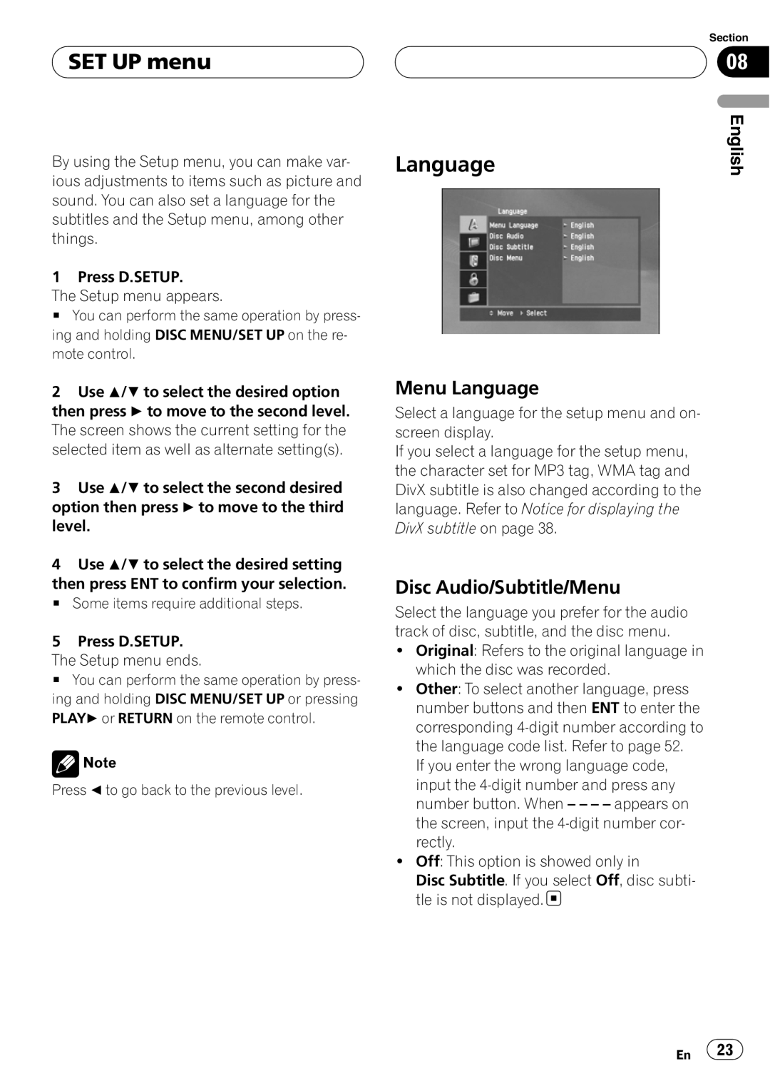 Pioneer DVH-390MP manual SET UP menu, Menu Language, Disc Audio/Subtitle/Menu 