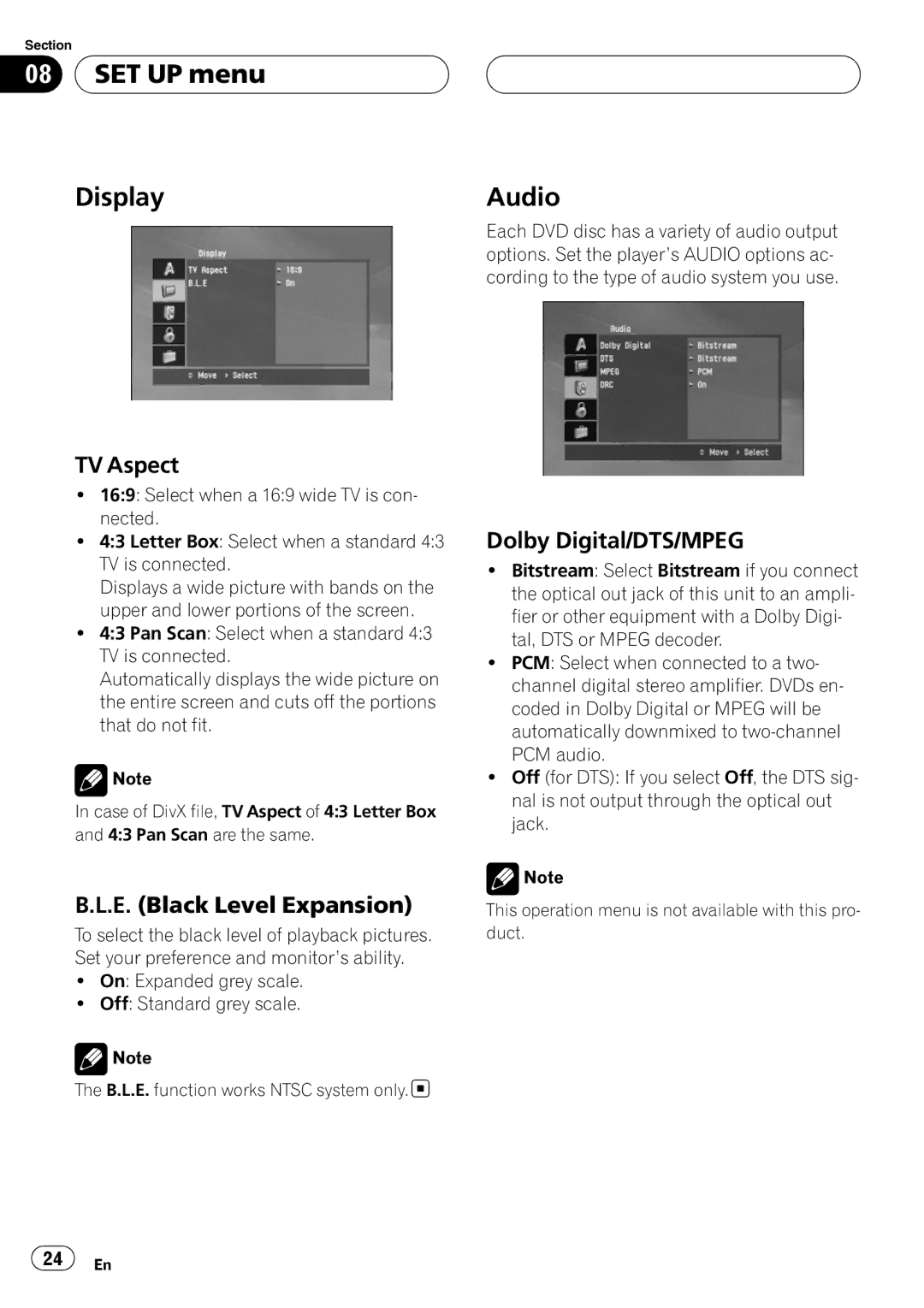 Pioneer DVH-390MP manual SET UP menu Display, Audio, TV Aspect, E. Black Level Expansion, Dolby Digital/DTS/MPEG 