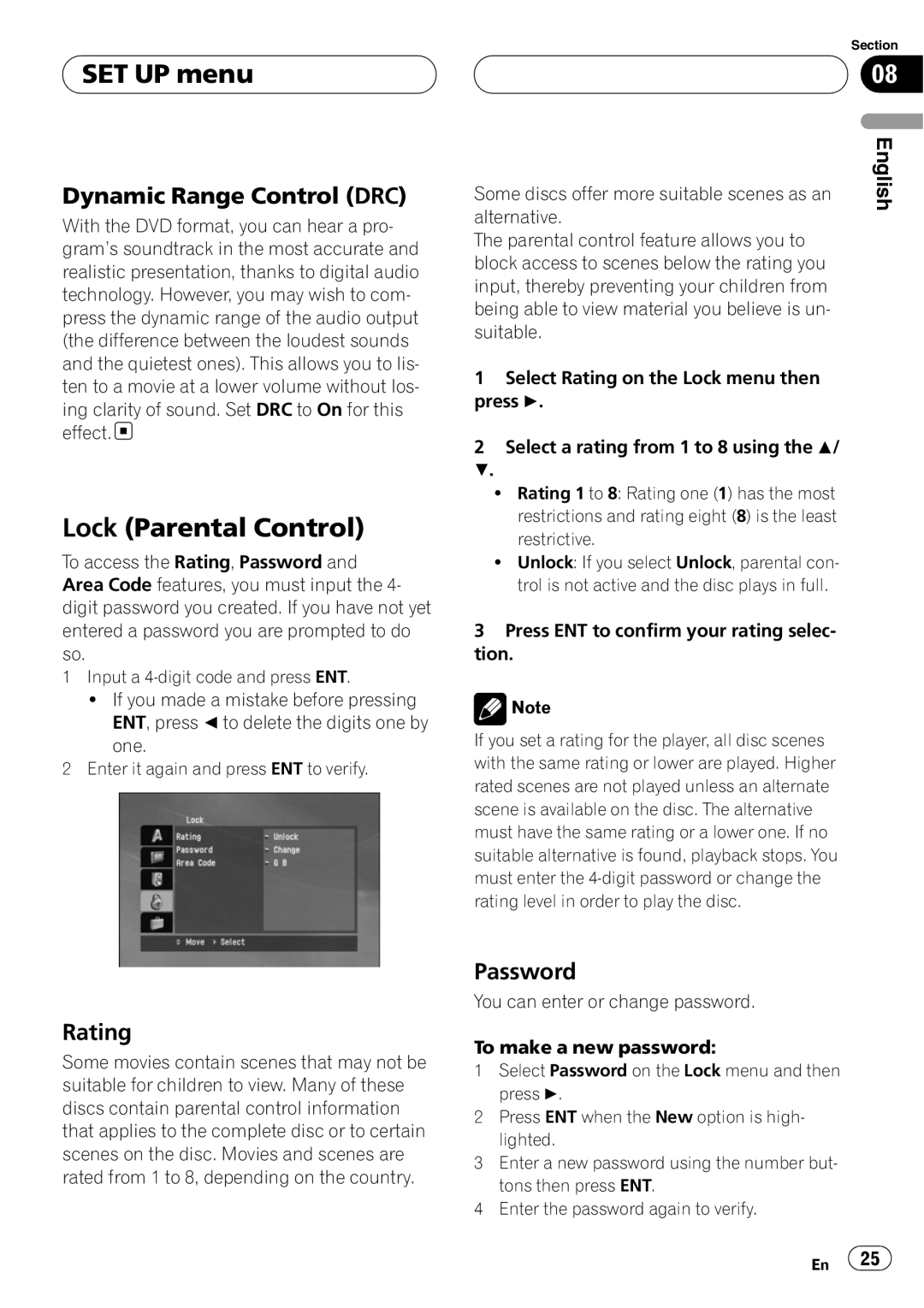 Pioneer DVH-390MP manual Lock Parental Control, Dynamic Range Control DRC, Rating, Password 