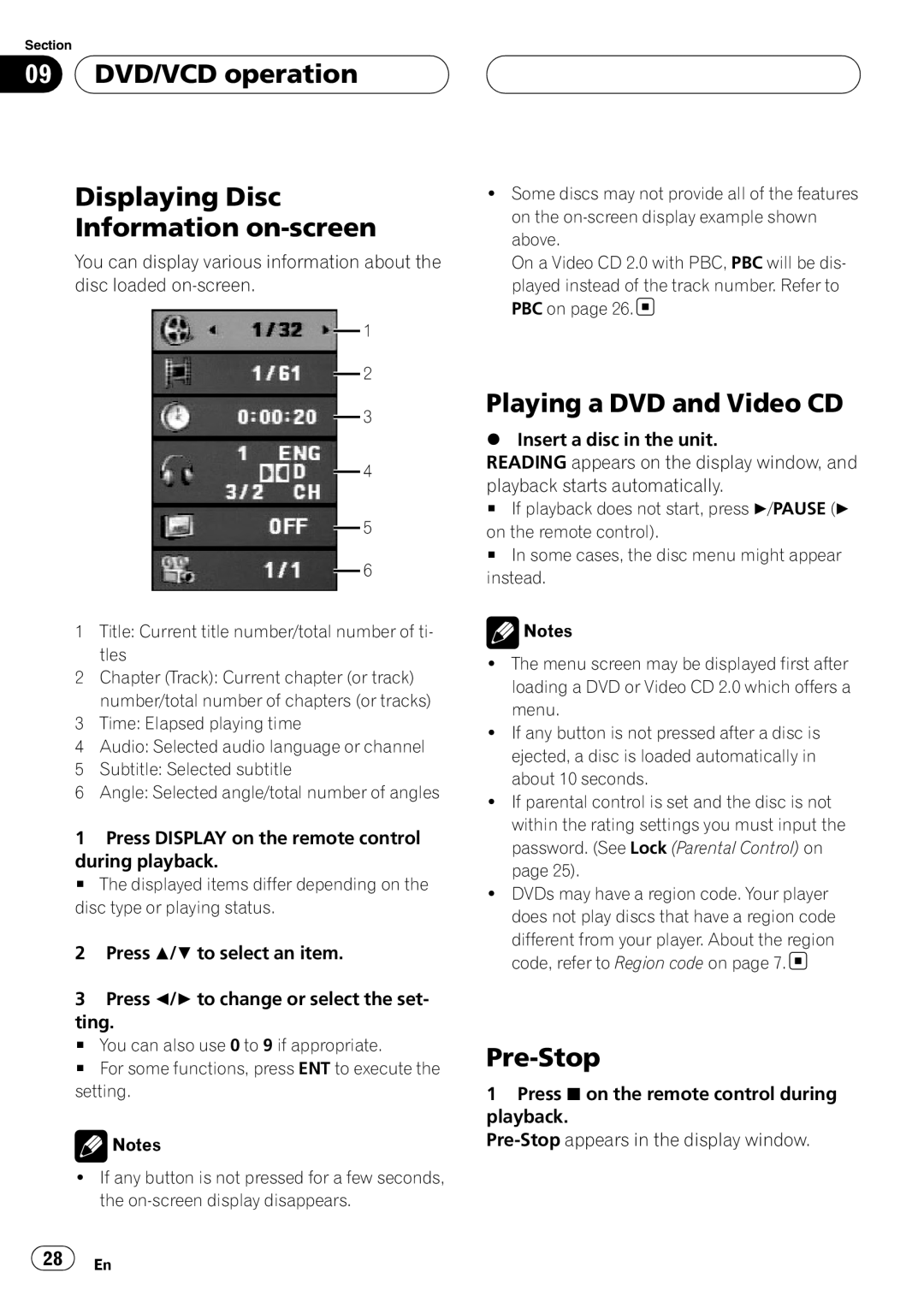 Pioneer DVH-390MP manual DVD/VCD operation Displaying Disc Information on-screen, Playing a DVD and Video CD, Pre-Stop 