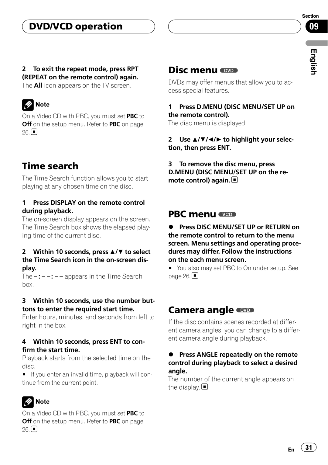 Pioneer DVH-390MP manual Time search, Disc menu DVD, PBC menu VCD, Camera angle DVD 