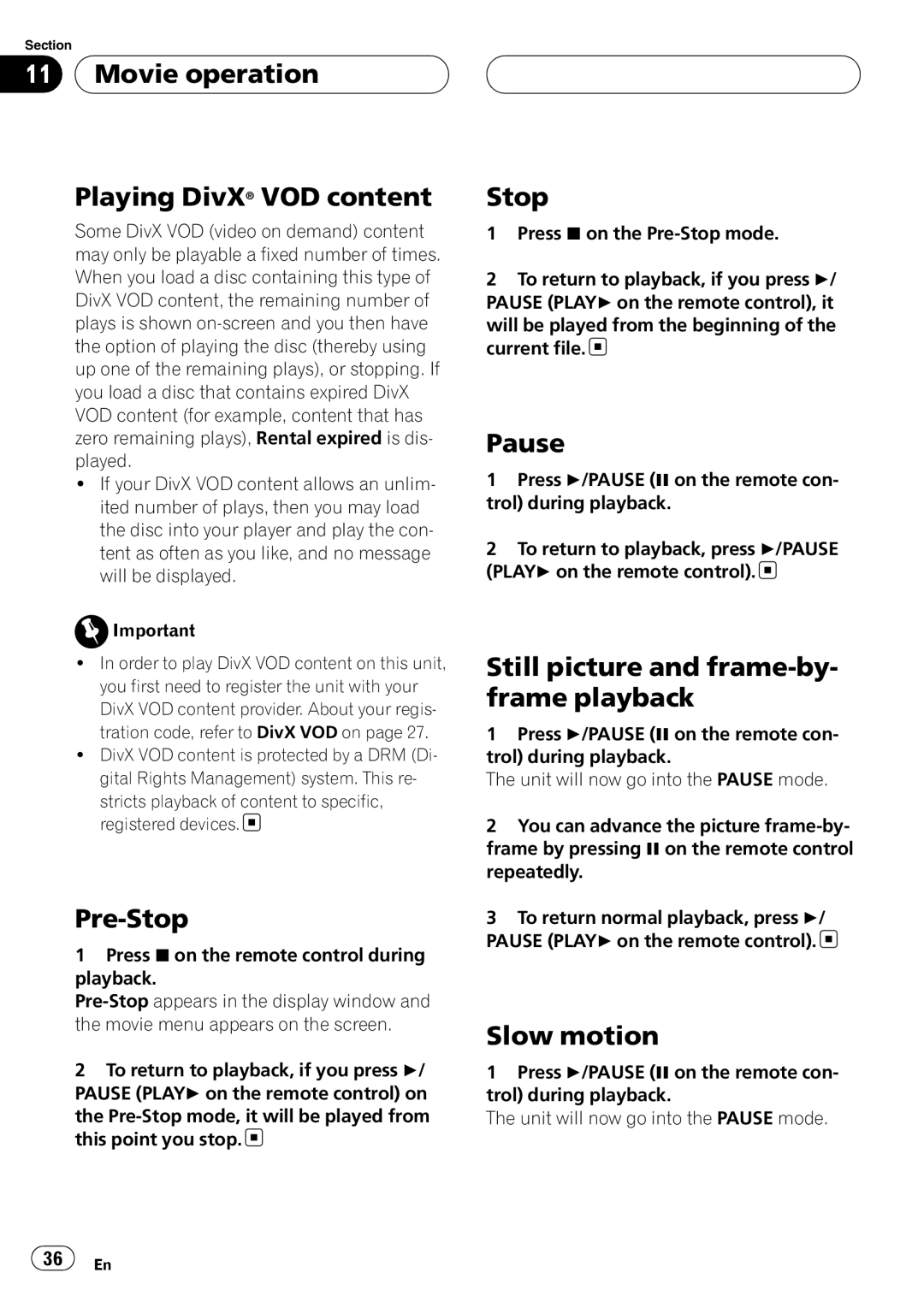Pioneer DVH-390MP manual Movie operation Playing DivX VOD content, Pre-Stop 