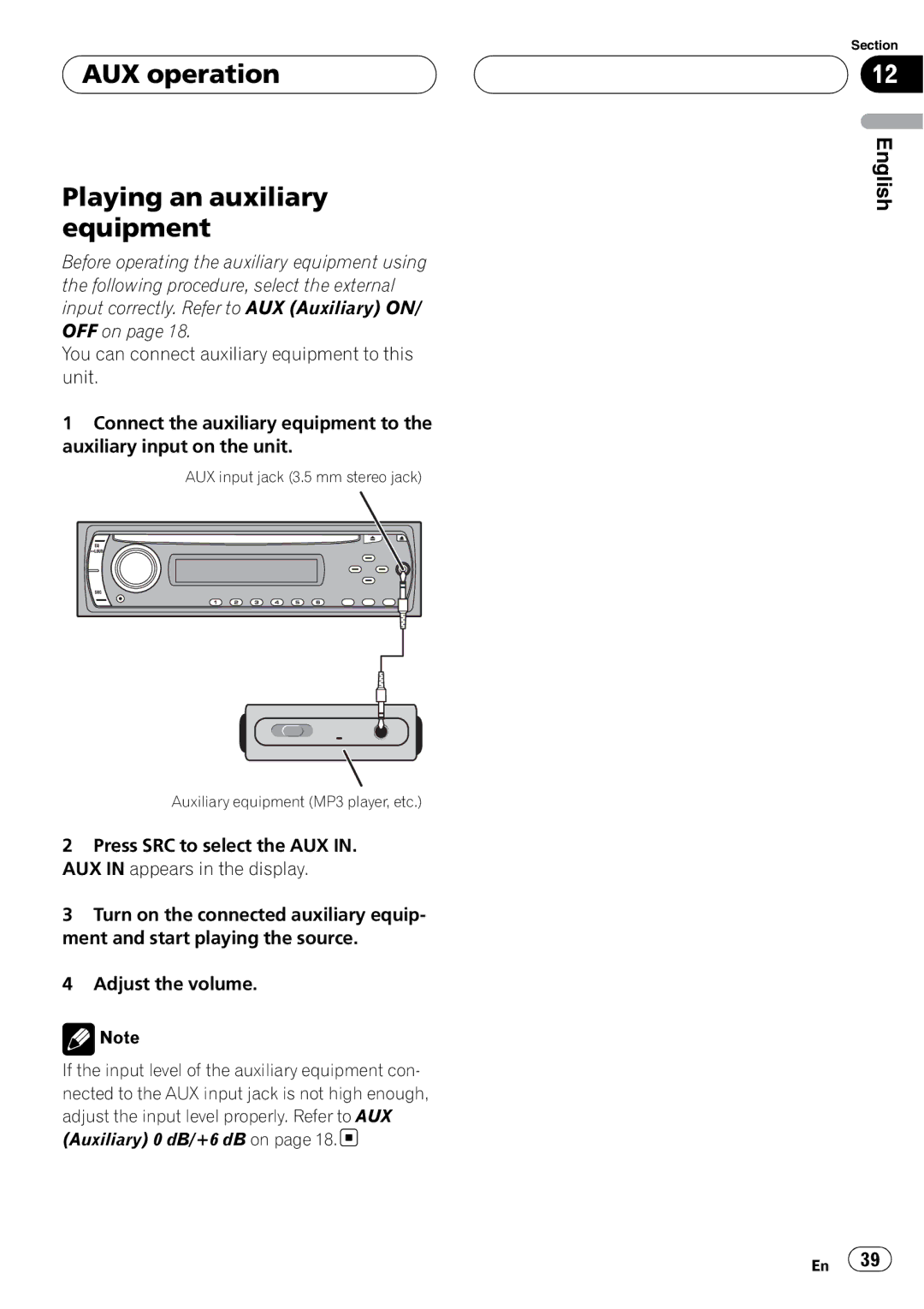 Pioneer DVH-390MP manual AUX operation Playing an auxiliary equipment 