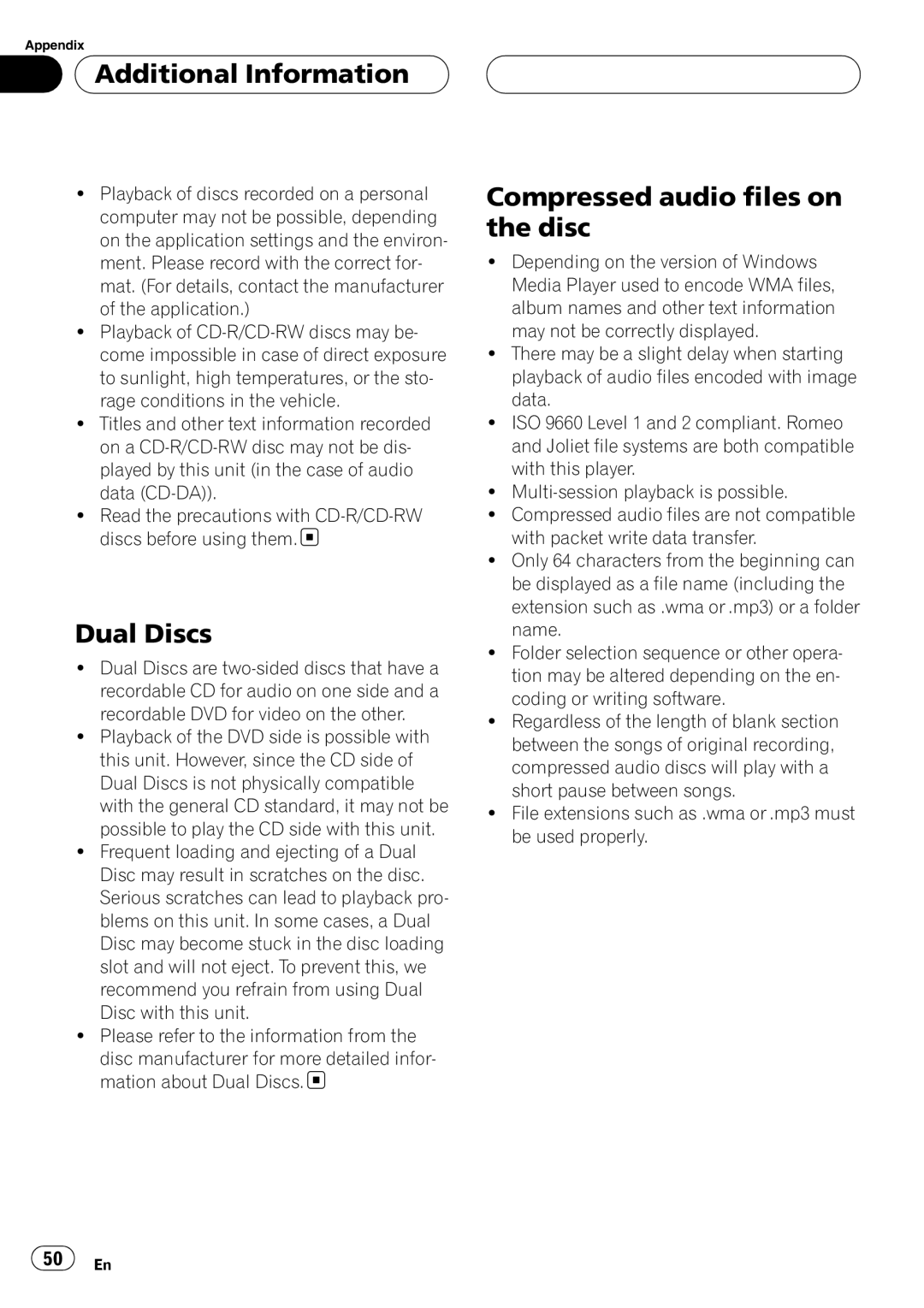 Pioneer DVH-390MP manual Additional Information, Dual Discs, Compressed audio files on the disc 