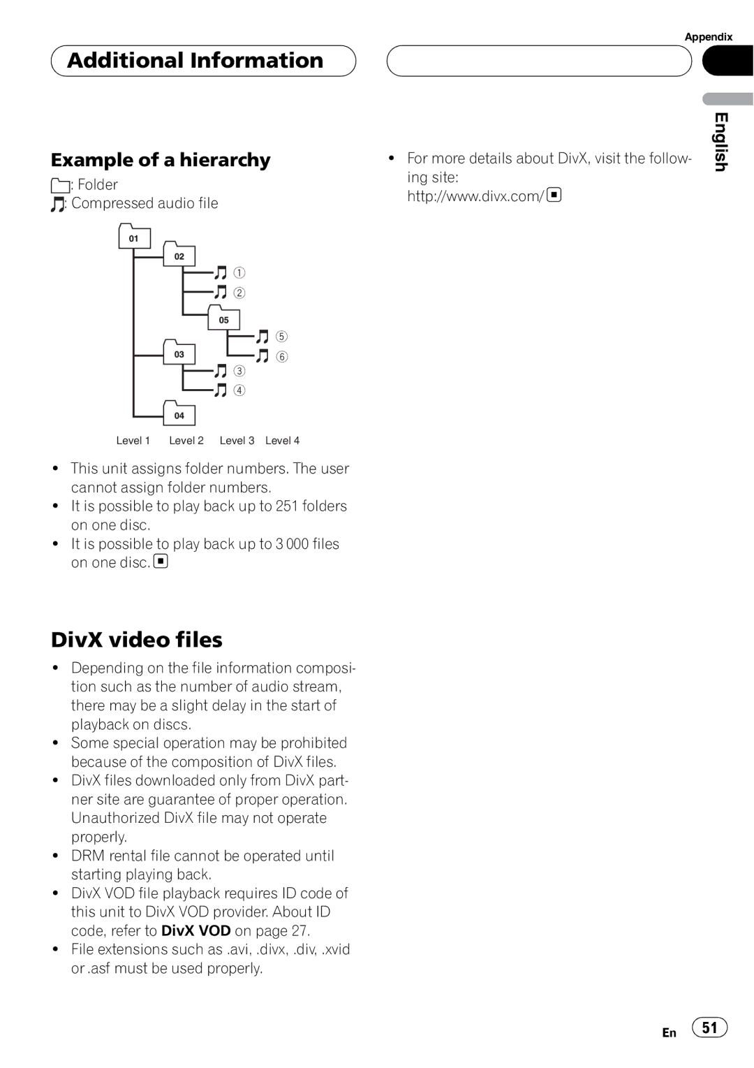 Pioneer DVH-390MP manual DivX video files, Example of a hierarchy 