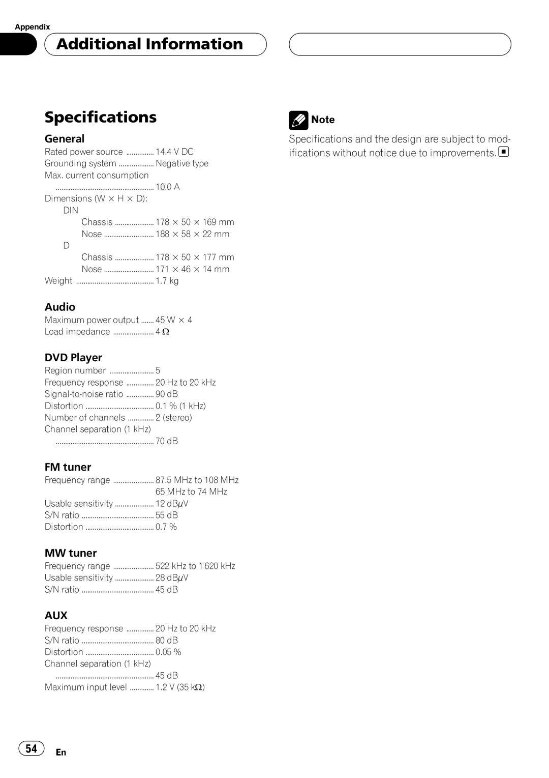 Pioneer DVH-390MP manual Additional Information Specifications, Aux 