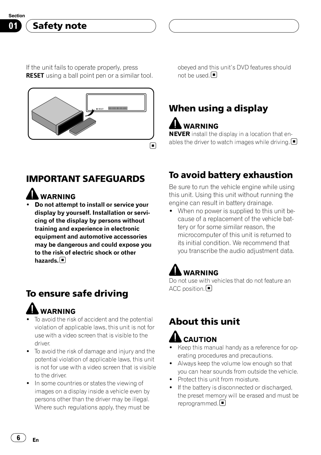 Pioneer DVH-390MP manual When using a display, To ensure safe driving, To avoid battery exhaustion, About this unit 