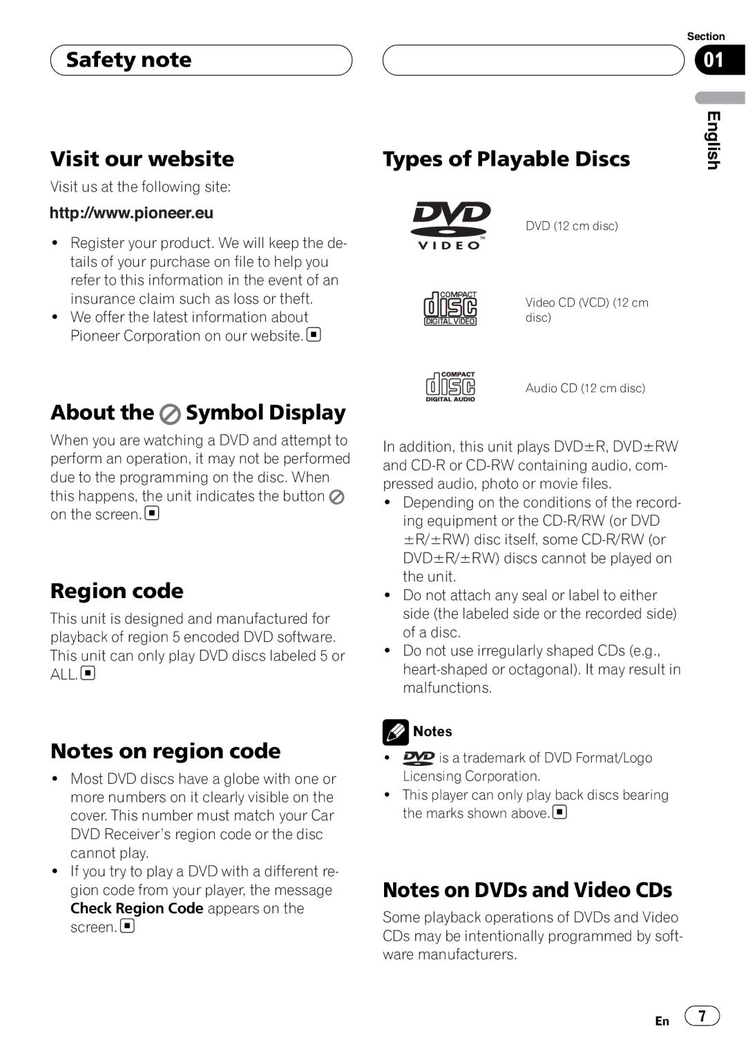 Pioneer DVH-390MP manual Safety note Visit our website, About the Symbol Display, Region code, Types of Playable Discs 