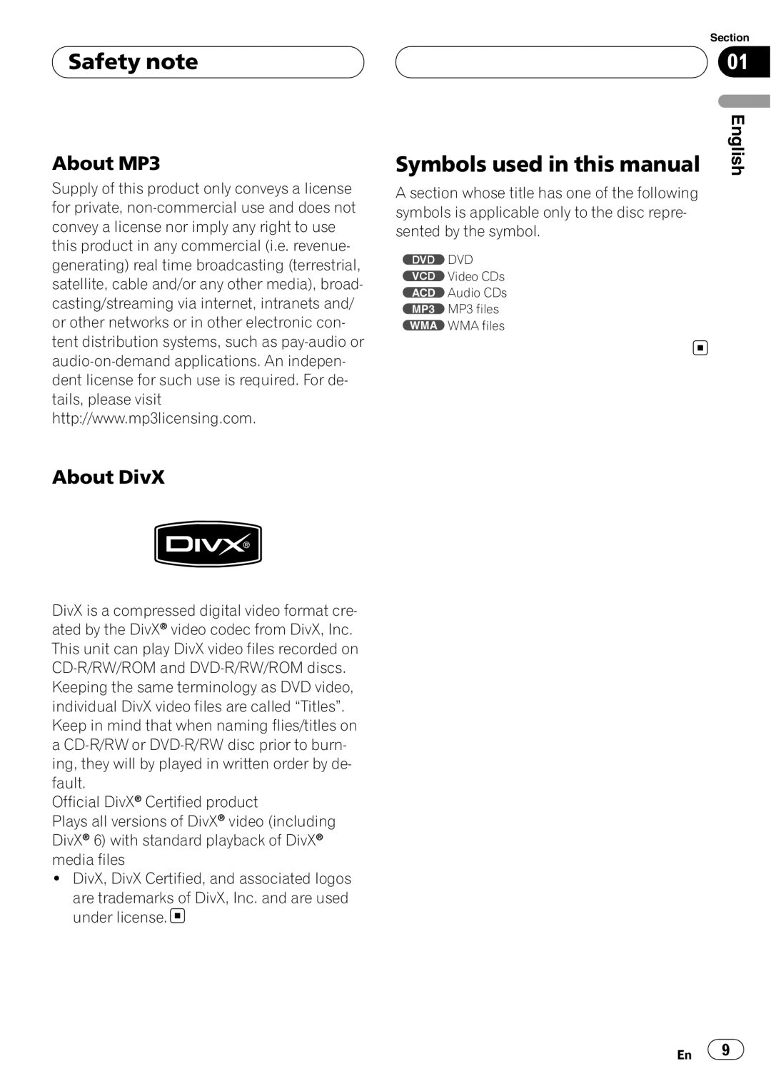 Pioneer DVH-390MP Symbols used in this manual, About MP3 About DivX 