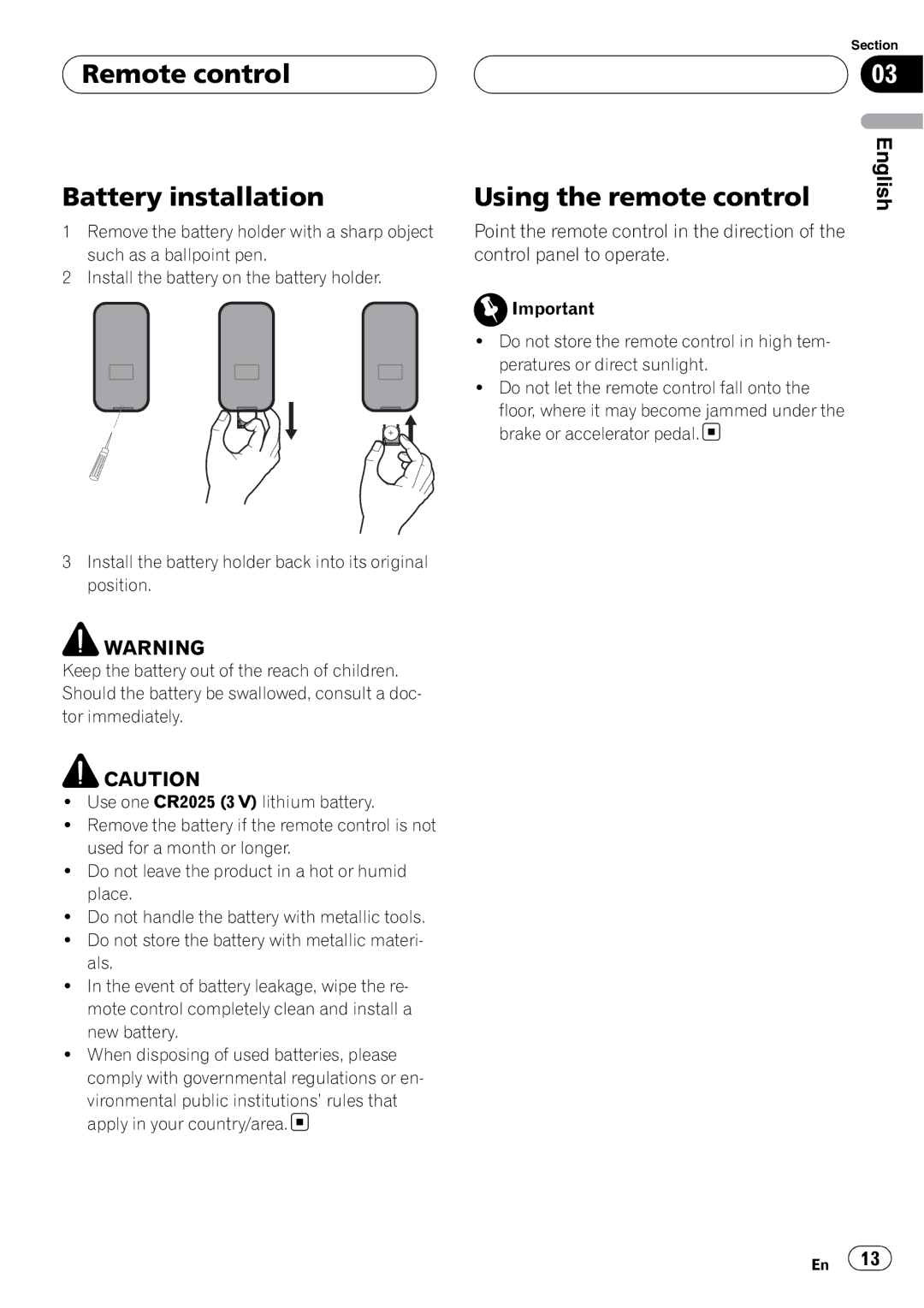 Pioneer DVH-3950MP owner manual Remote control Battery installation, Using the remote control 