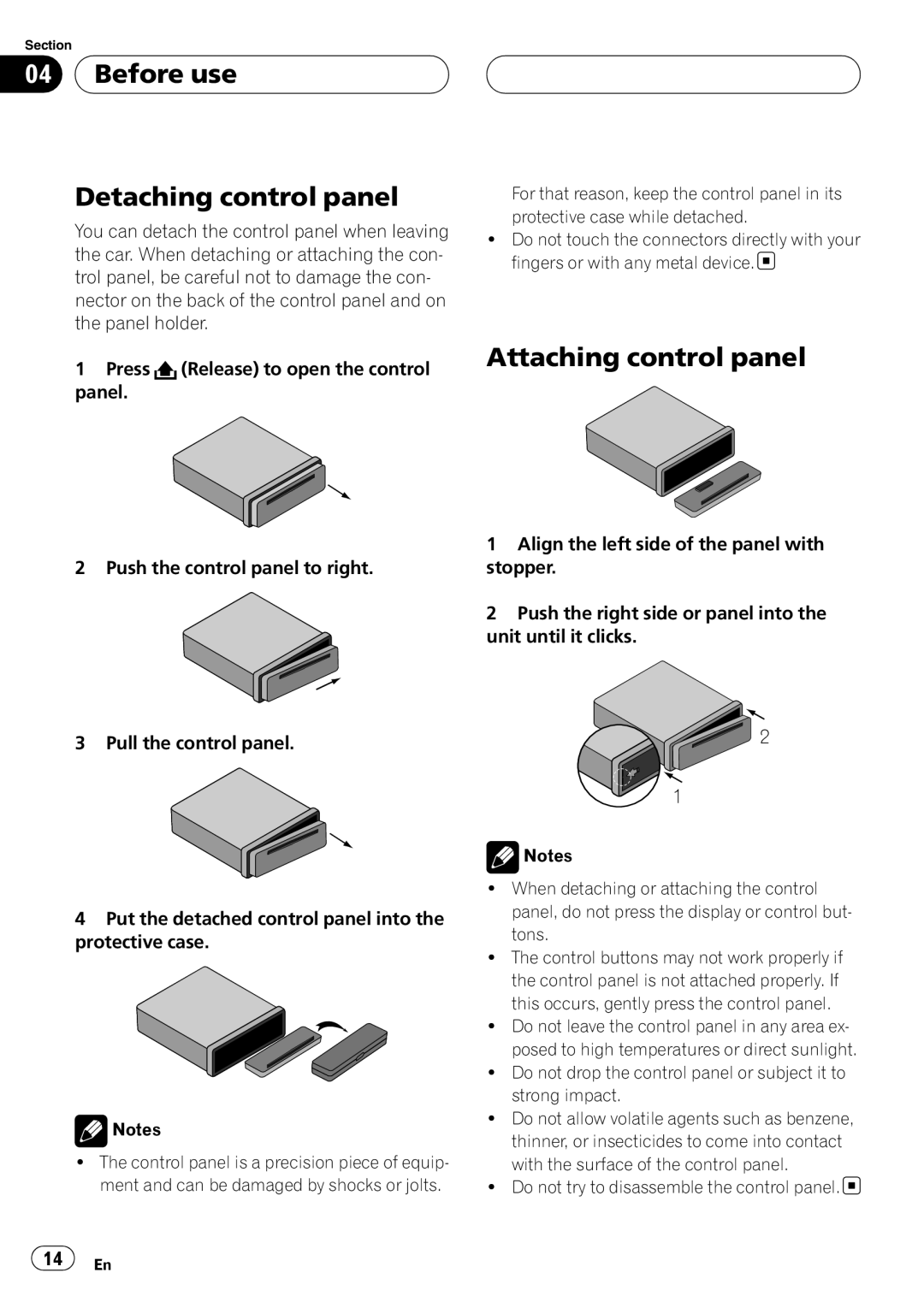 Pioneer DVH-3950MP owner manual Before use Detaching control panel, Attaching control panel 