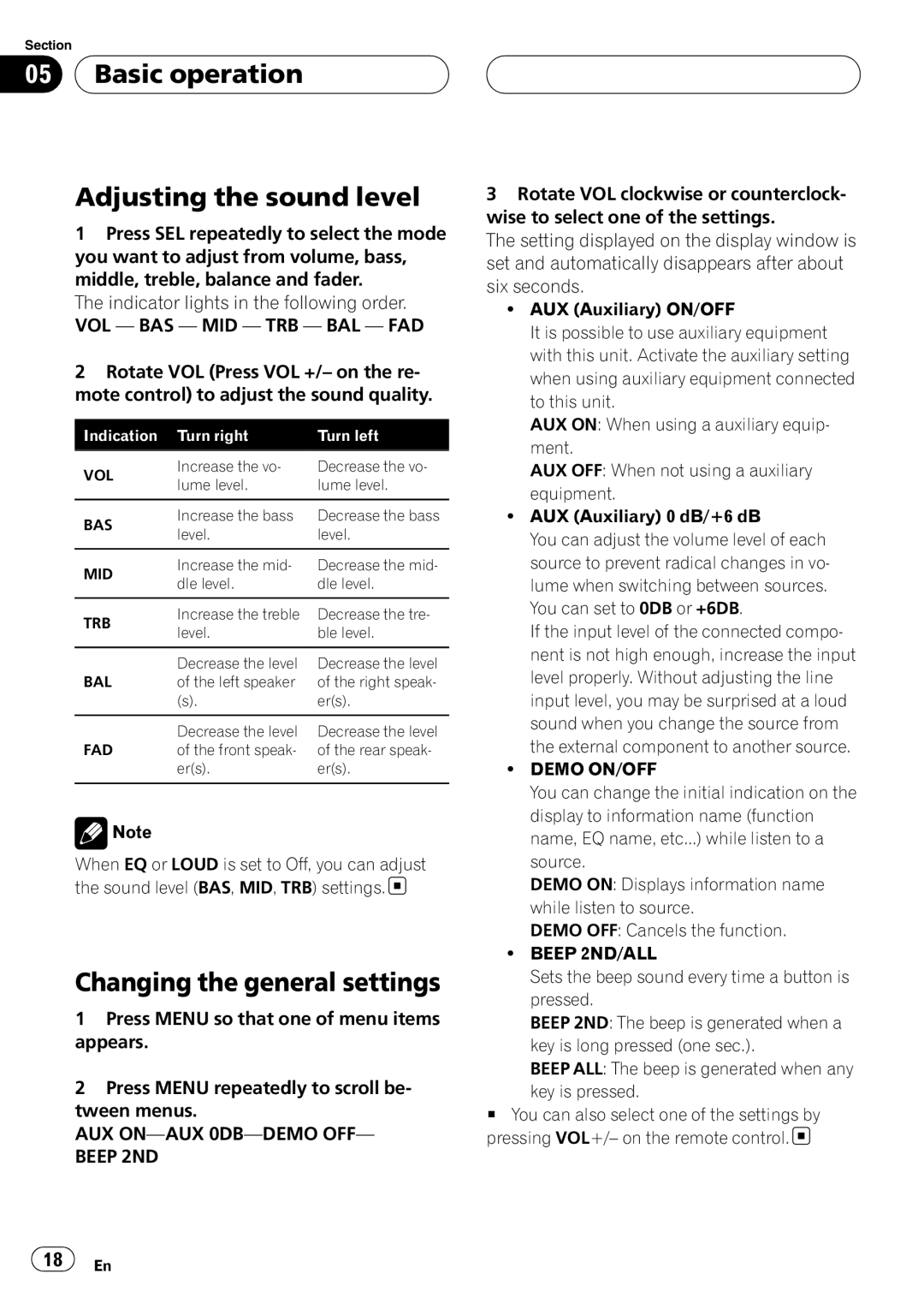 Pioneer DVH-3950MP owner manual Basic operation Adjusting the sound level, Changing the general settings 