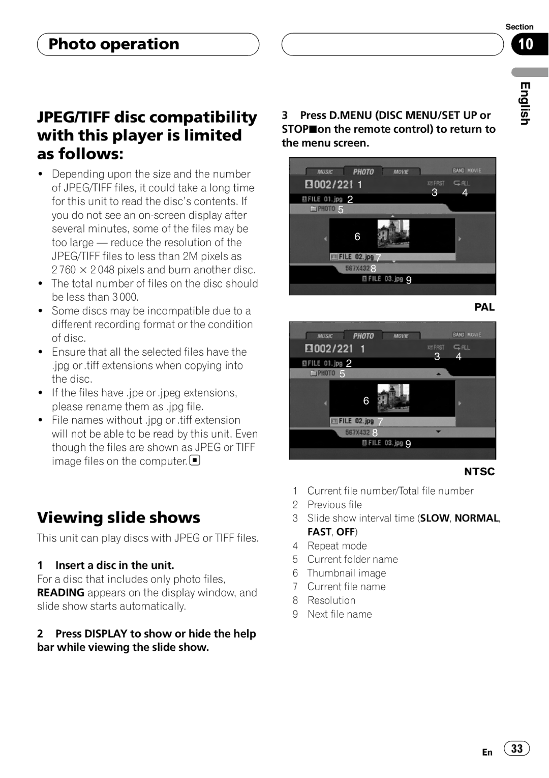 Pioneer DVH-3950MP owner manual Viewing slide shows, Pal 