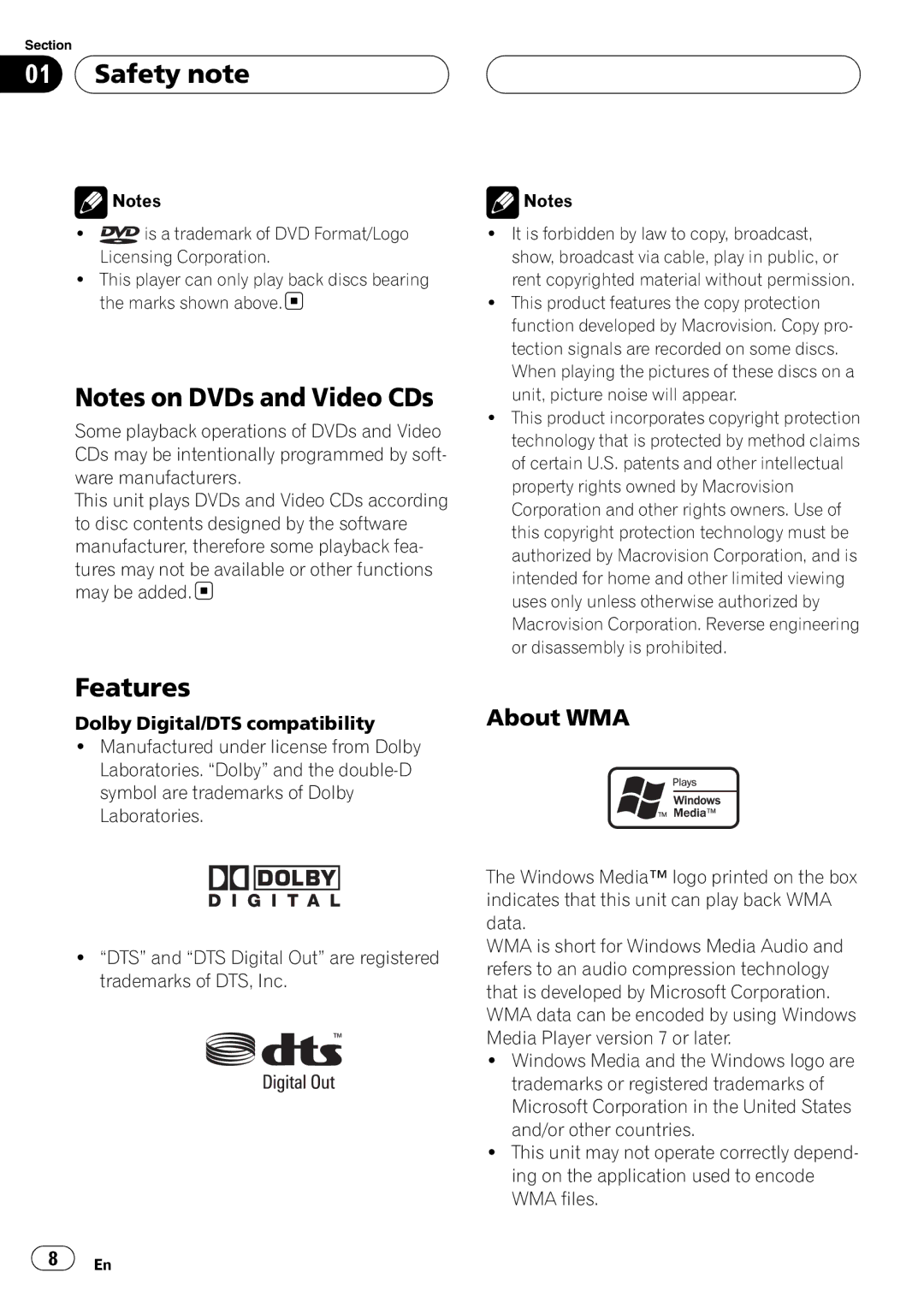 Pioneer DVH-3950MP owner manual Features, About WMA 