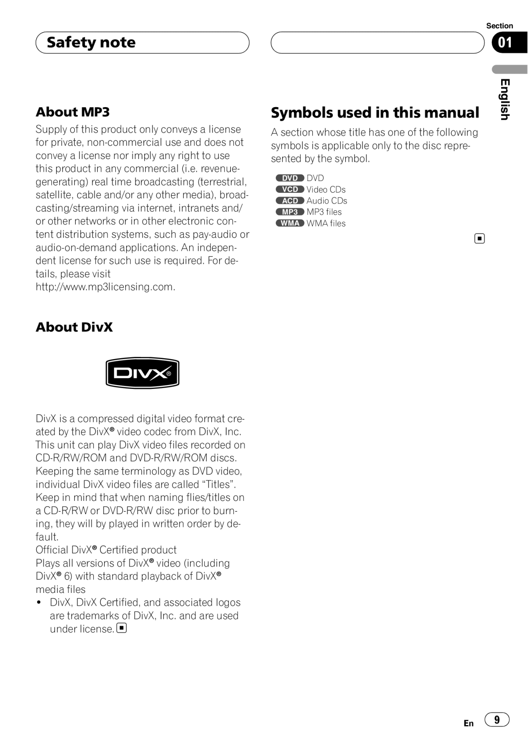 Pioneer DVH-3950MP owner manual Symbols used in this manual, About MP3 About DivX 