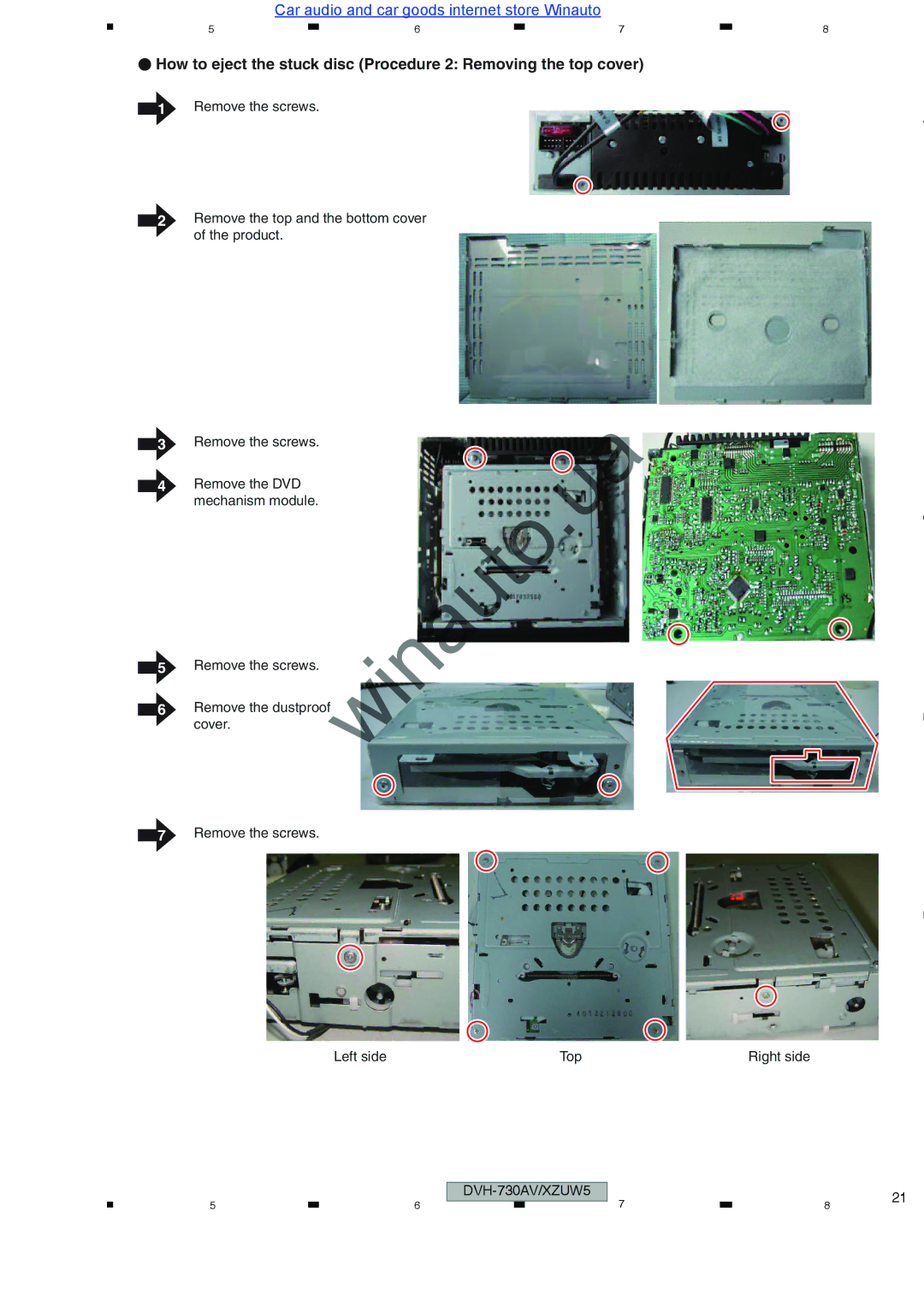 Pioneer DVH-735AV user manual Remove the screws Remove the dustproof cover Left side Top 