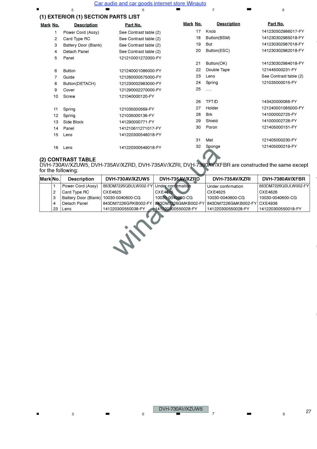 Pioneer DVH-735AV user manual Exterior 1 Section Parts List, Tft/D 