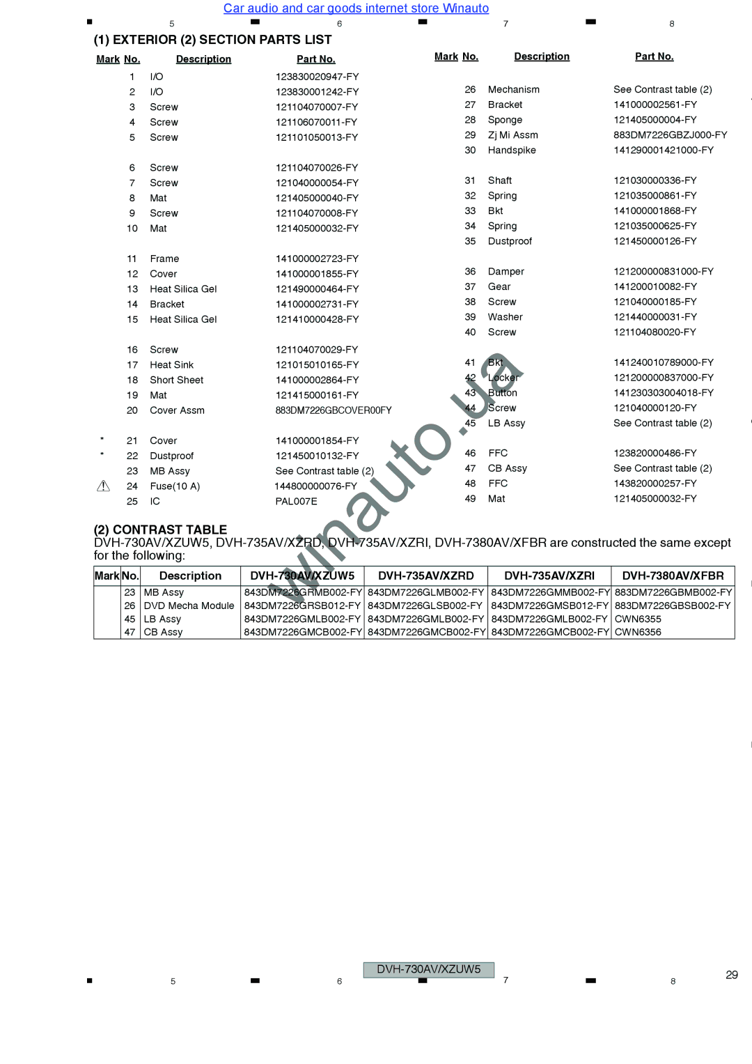 Pioneer DVH-735AV user manual Exterior 2 Section Parts List, 883DM7226GBCOVER00FY 