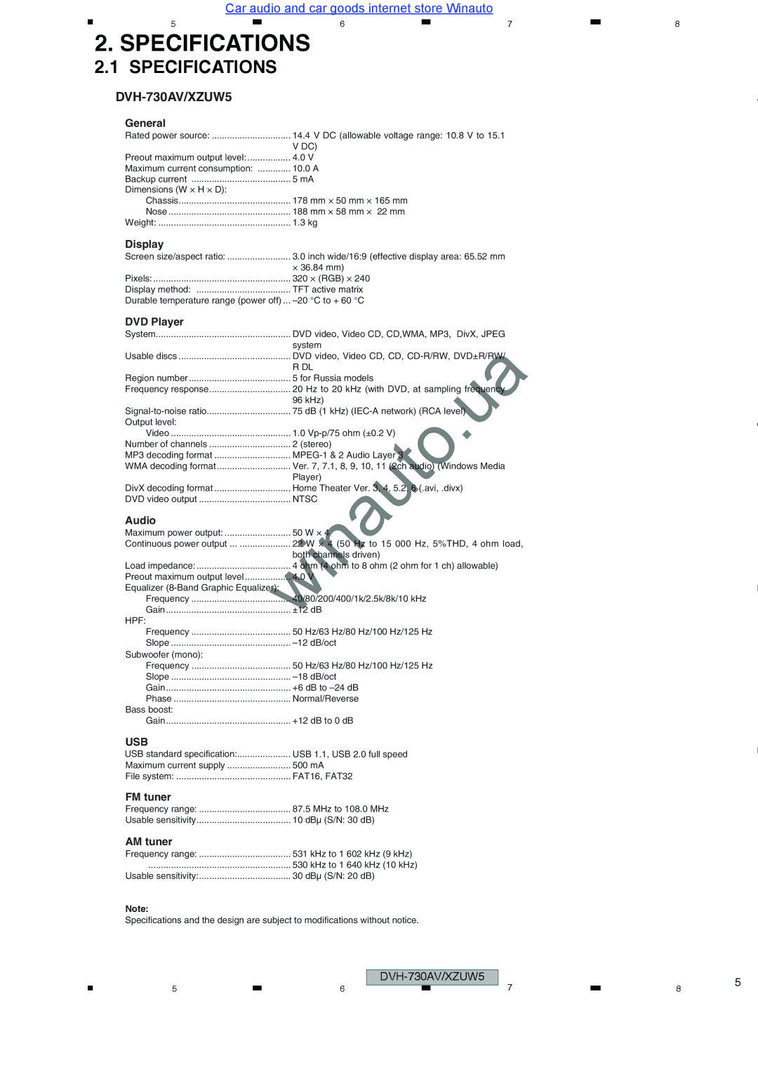 Pioneer DVH-735AV user manual Specifications, DVH-730AV/XZUW5 