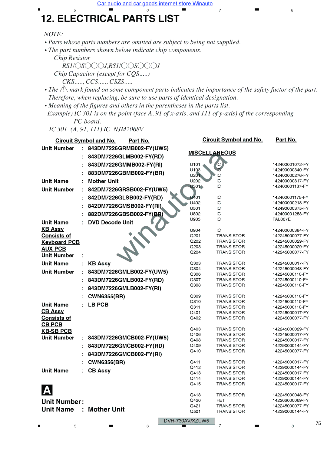 Pioneer DVH-735AV user manual Electrical Parts List 