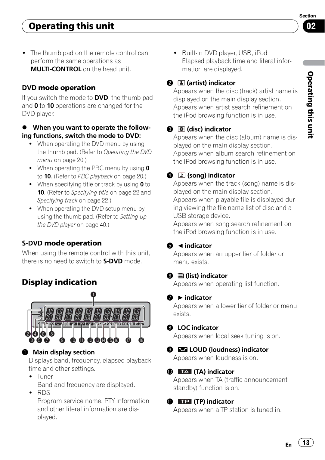 Pioneer DVH-P4100UB operation manual Display indication, Operating this unit DVD mode operation, Rds 