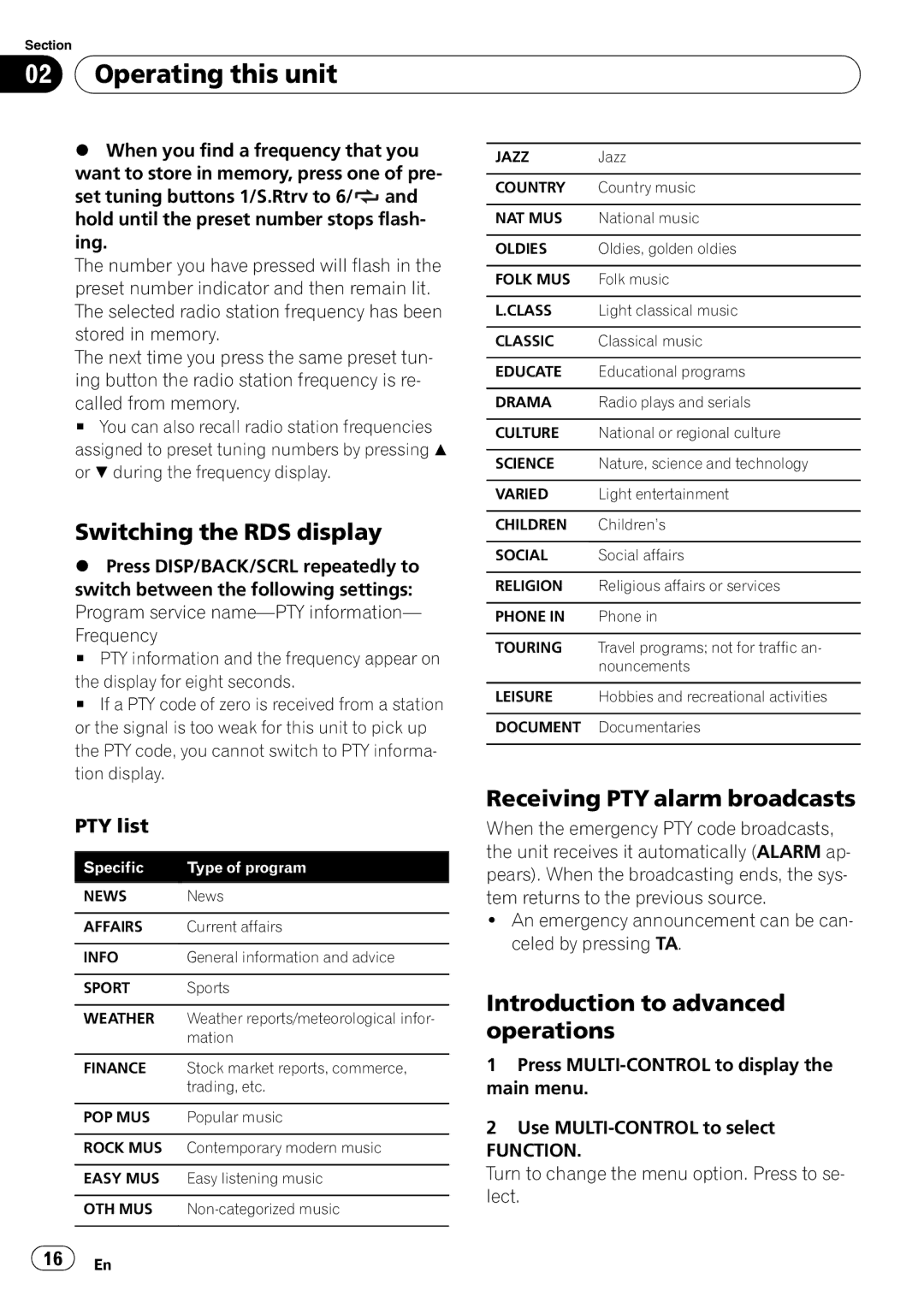 Pioneer DVH-P4100UB Switching the RDS display, Receiving PTY alarm broadcasts, Introduction to advanced operations 