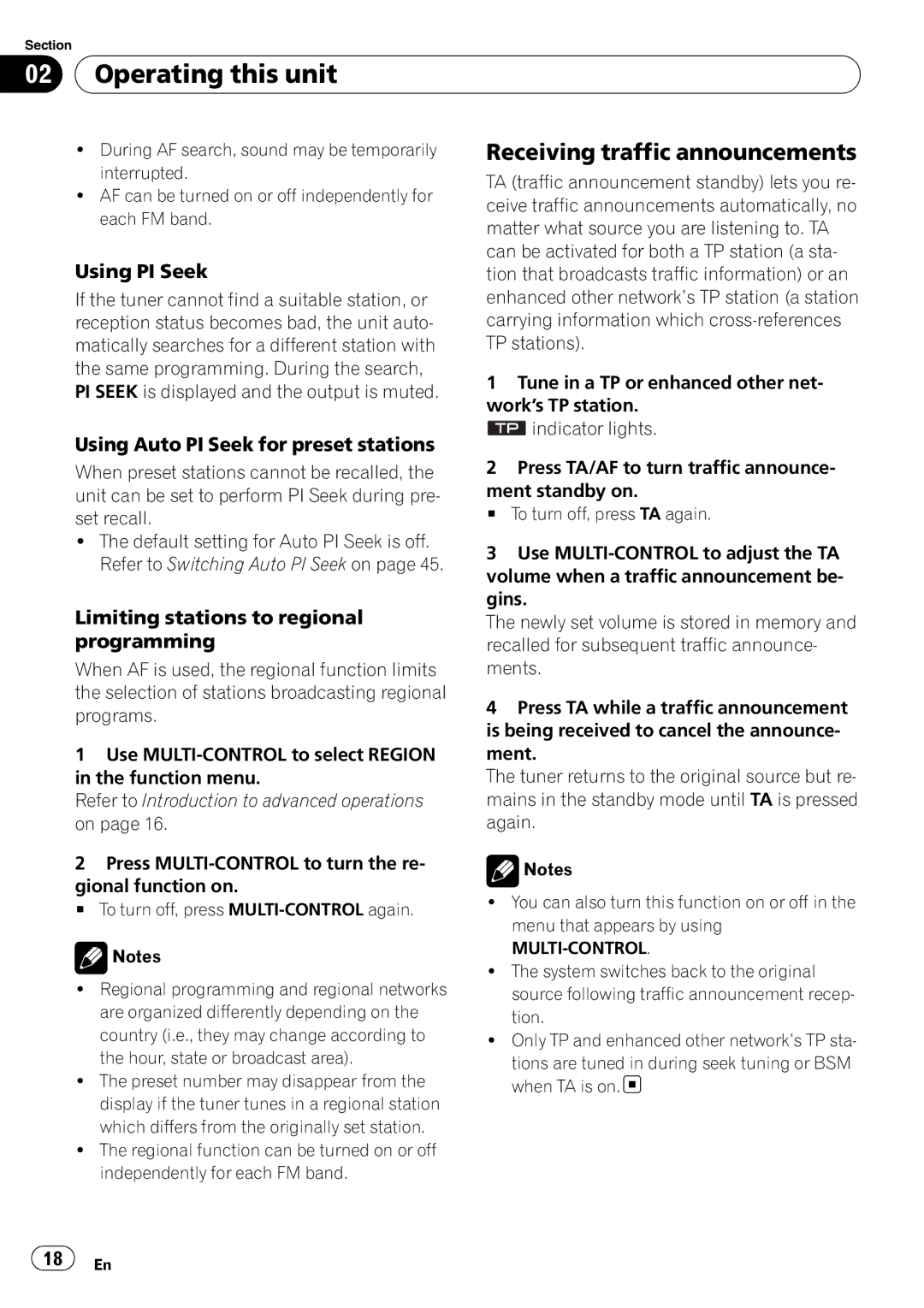 Pioneer DVH-P4100UB operation manual Receiving traffic announcements, Using PI Seek, Using Auto PI Seek for preset stations 