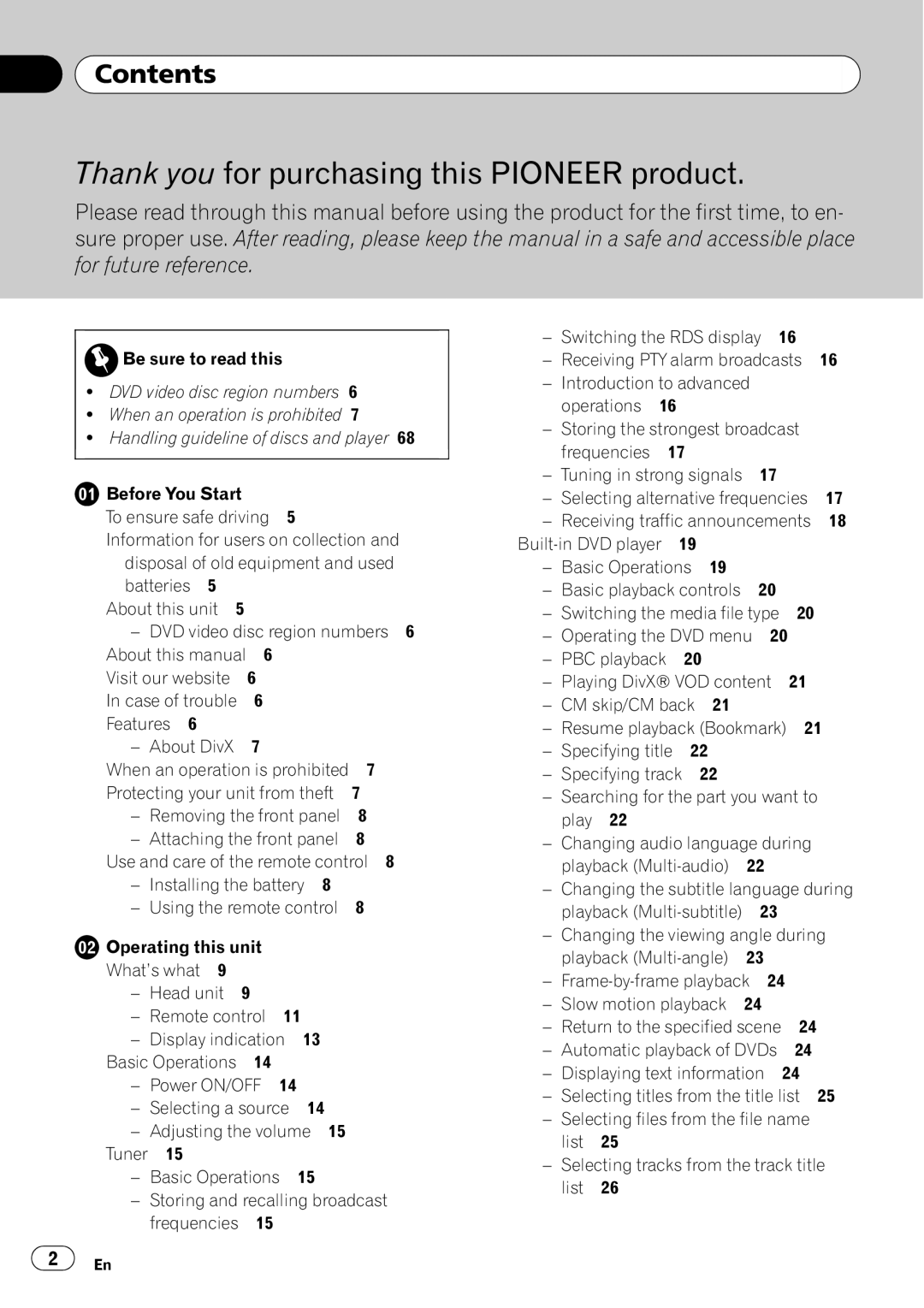 Pioneer DVH-P4100UB operation manual Thank you for purchasing this Pioneer product, Contents 