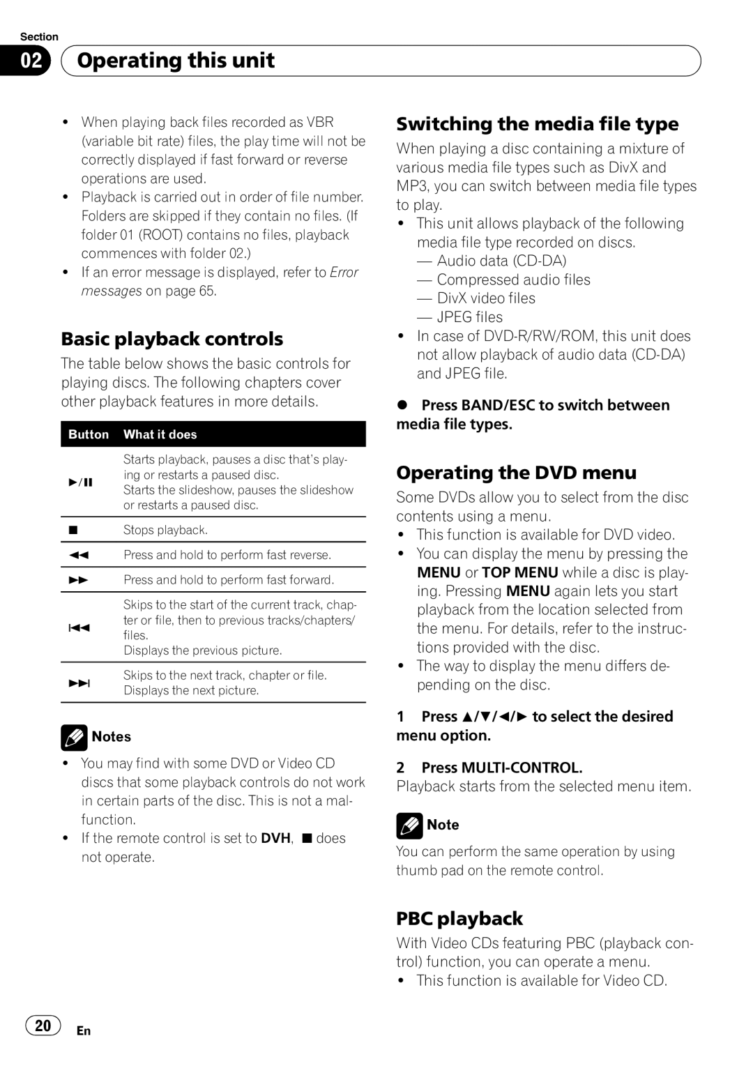 Pioneer DVH-P4100UB Basic playback controls, Switching the media file type, Operating the DVD menu, PBC playback 