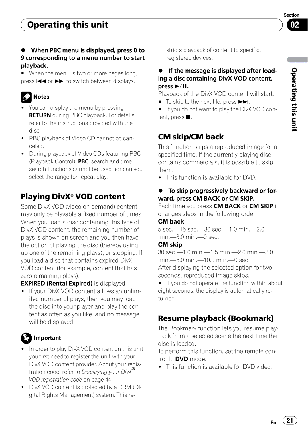 Pioneer DVH-P4100UB operation manual Playing DivX VOD content, CM skip/CM back, Resume playback Bookmark 