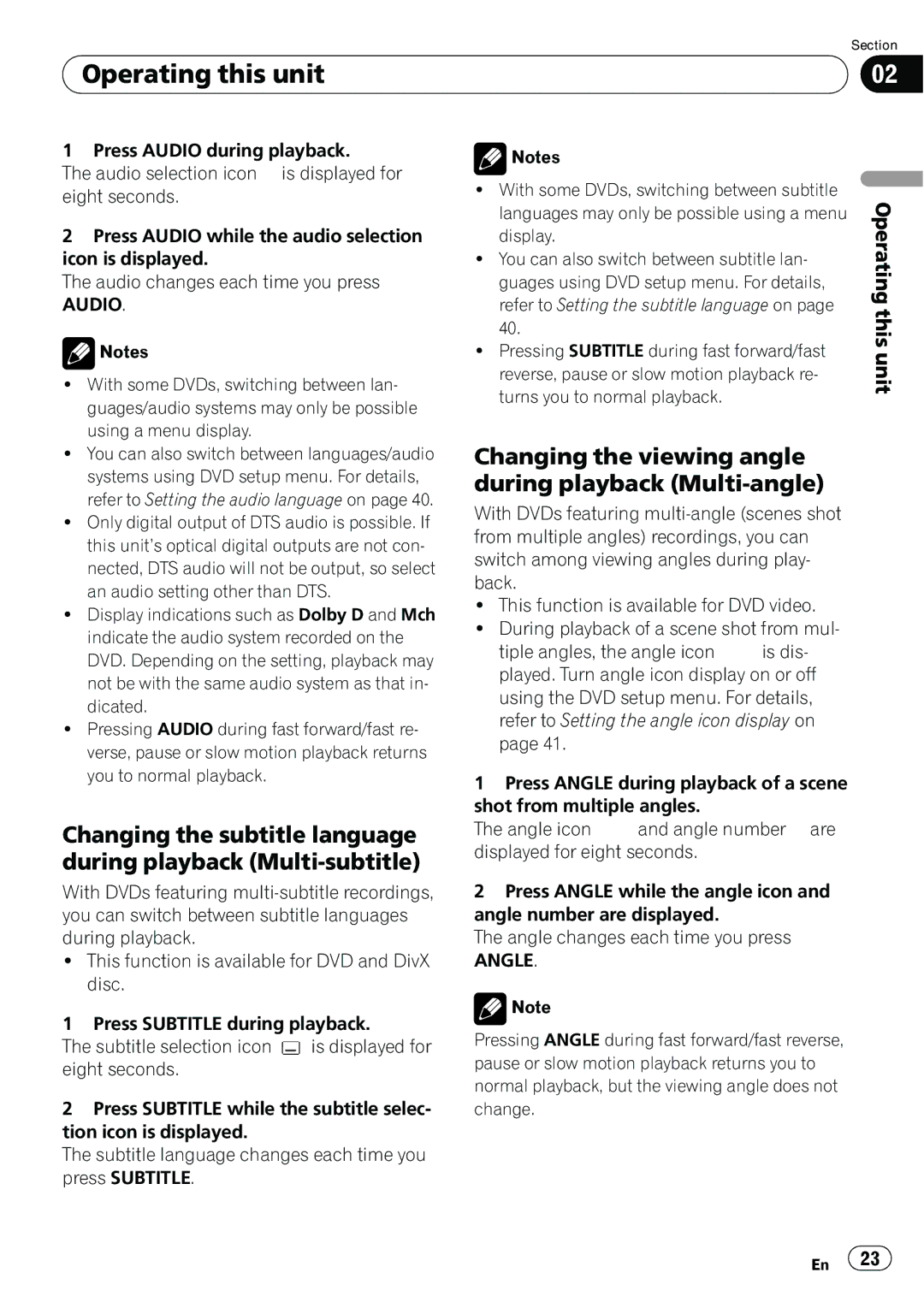 Pioneer DVH-P4100UB operation manual Changing the viewing angle during playback Multi-angle, Audio, Angle 