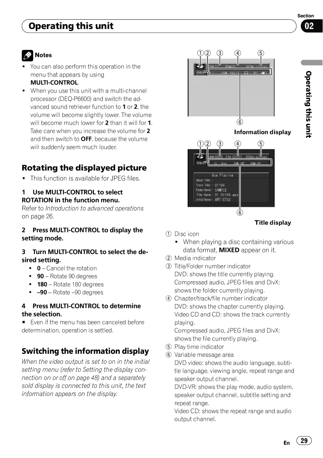 Pioneer DVH-P4100UB operation manual Rotating the displayed picture, Switching the information display 