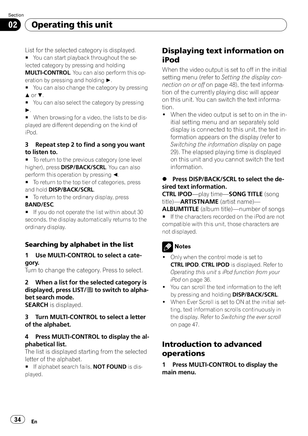 Pioneer DVH-P4100UB operation manual Displaying text information on iPod, Searching by alphabet in the list, Band/Esc 